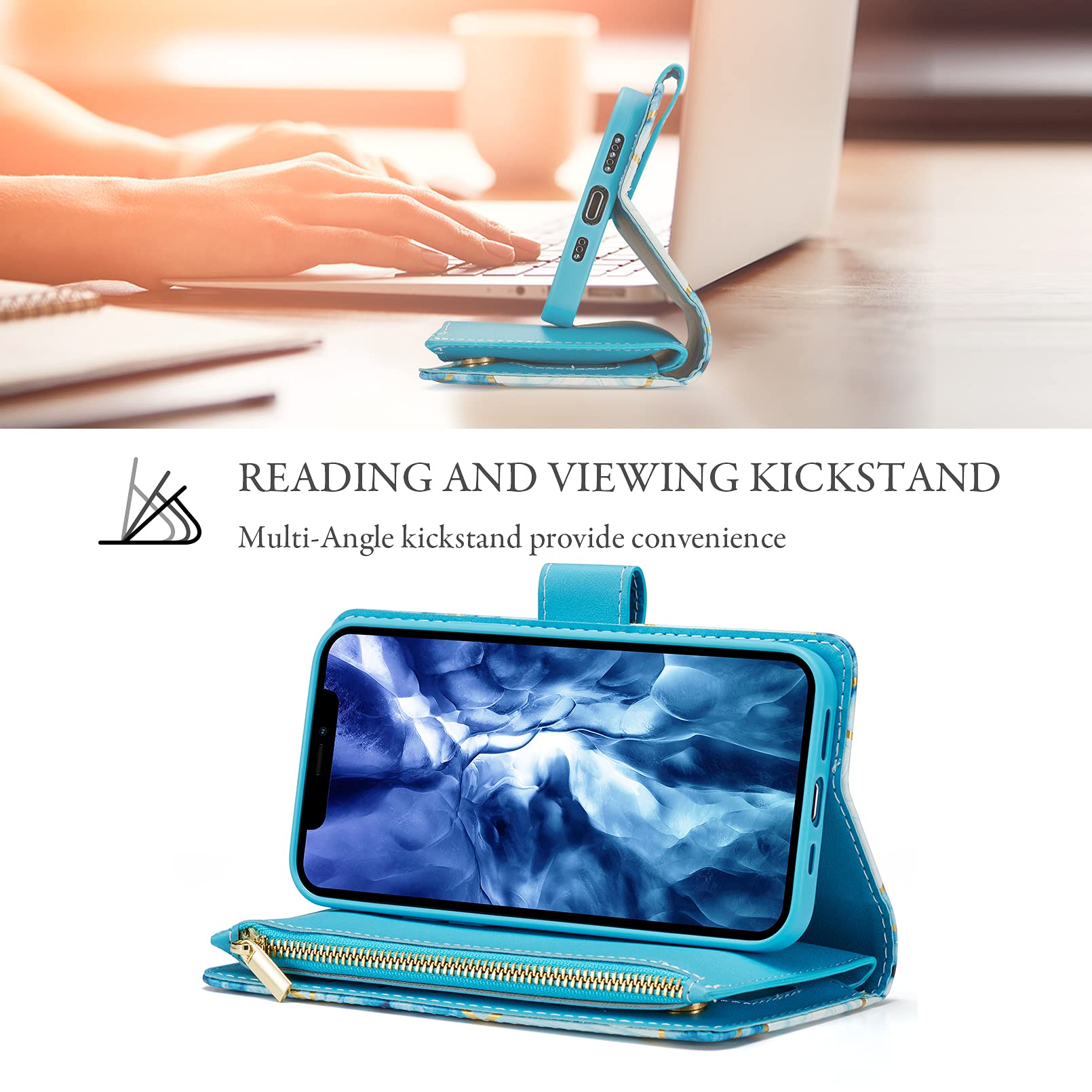Premium PU Leather Wallet Case for iPhone 12 Pro Max - Magnetic Closure, Zipper Pocket, Kickstand & Card Slots with Hand Strap | Stylish Marble Blue Flip Phone Case for Women | Perfect for Work, Travel & Everyday Use