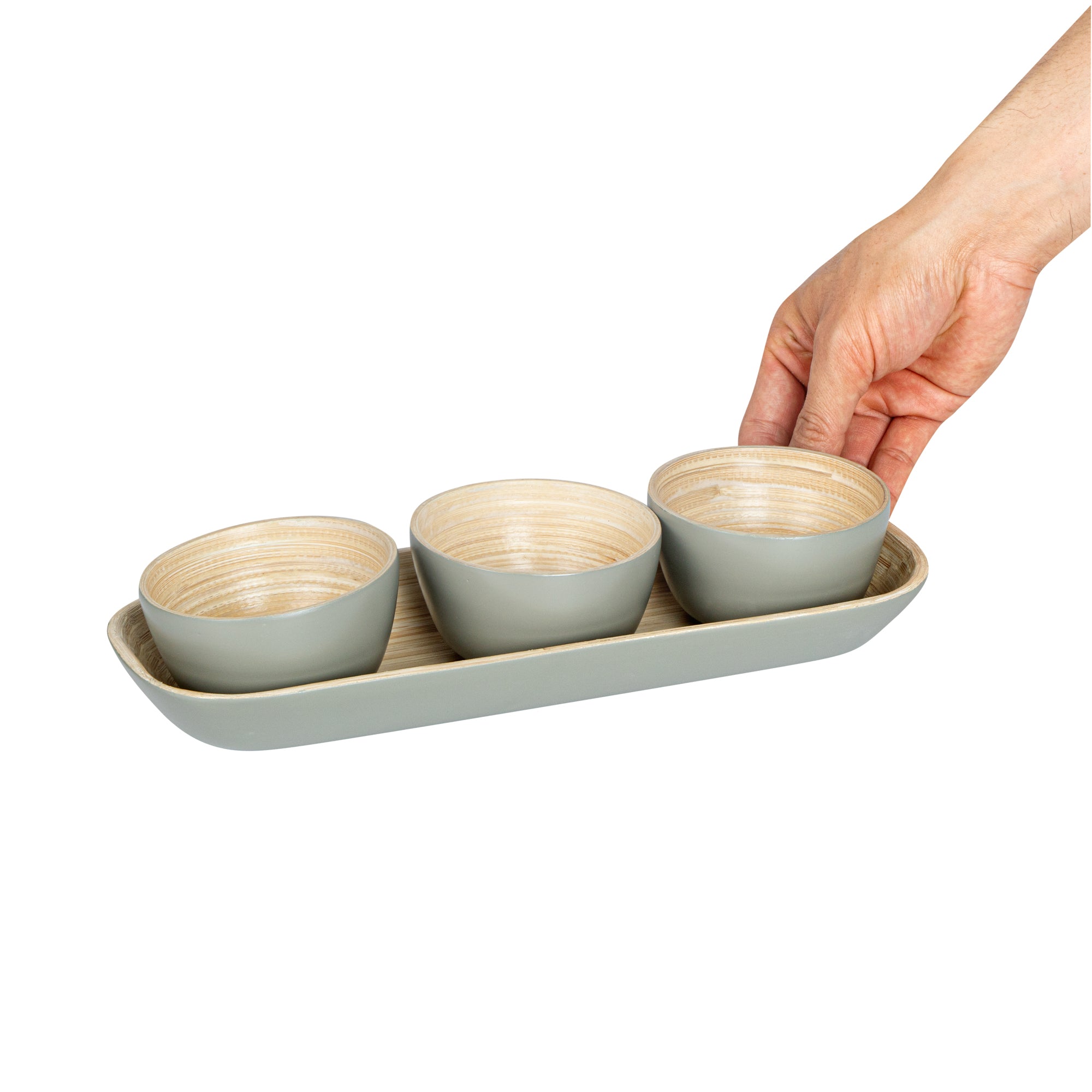 Eco-Friendly Bamboo Bowl Set with Tray - 3 Gray Bamboo Bowls (11.75