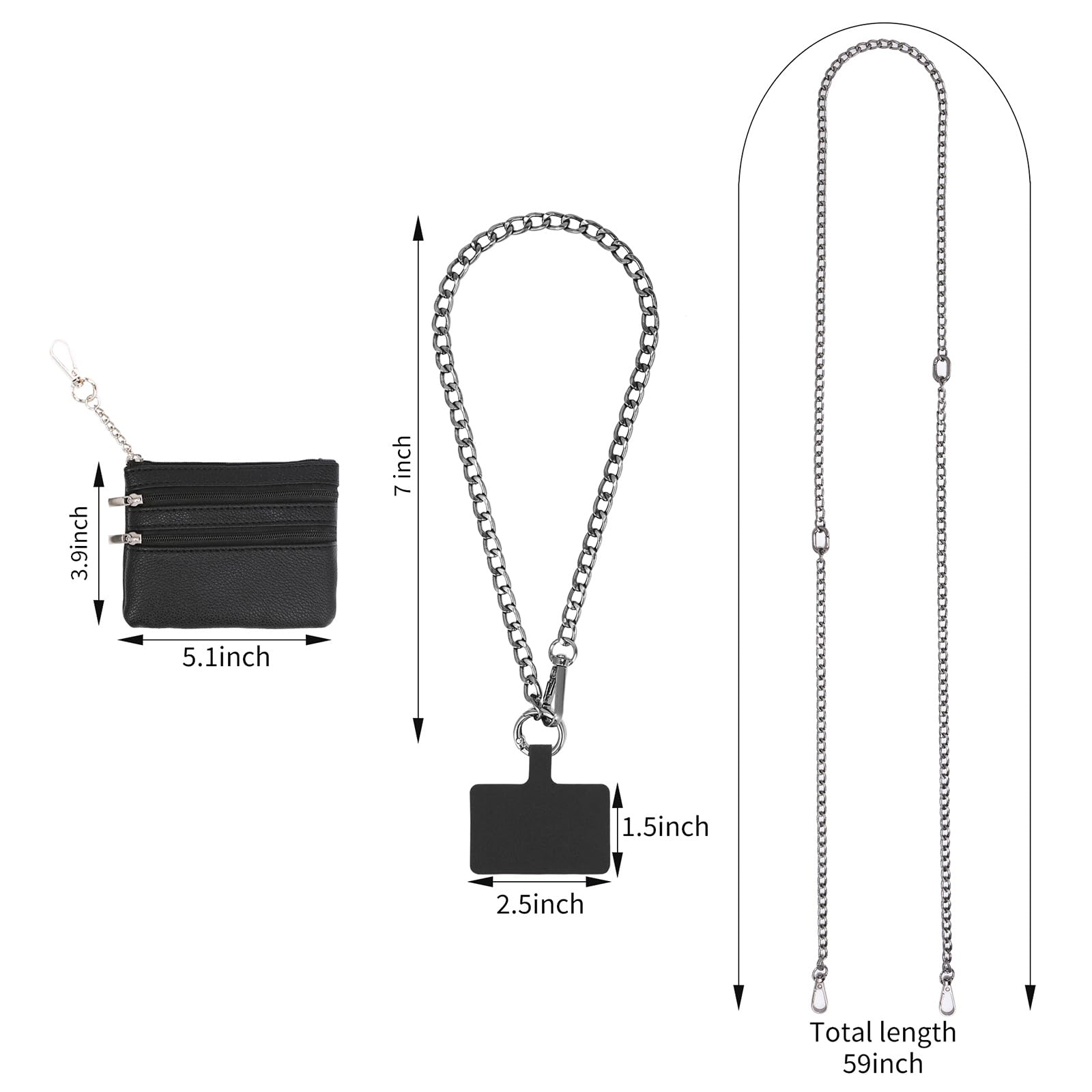Adjustable Crossbody Phone Strap with Zippered Pouch & Leather Wallet - Universal Clip-On Phone Holder for iPhone, Samsung, Pixel - Perfect for Travel, Shopping & Hands-Free Convenience (Black)