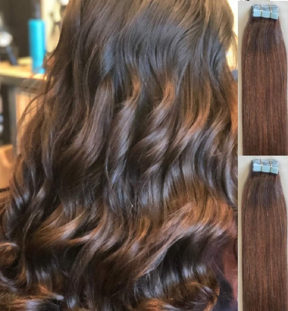 18 Inch Tape in Hair Extensions 100g 40pcs - Real Human Remy Hair, Silky Straight #4 Dark Brown - Glue in Hair Extensions for Volume & Length (Weddings, Parties, Daily Styling)