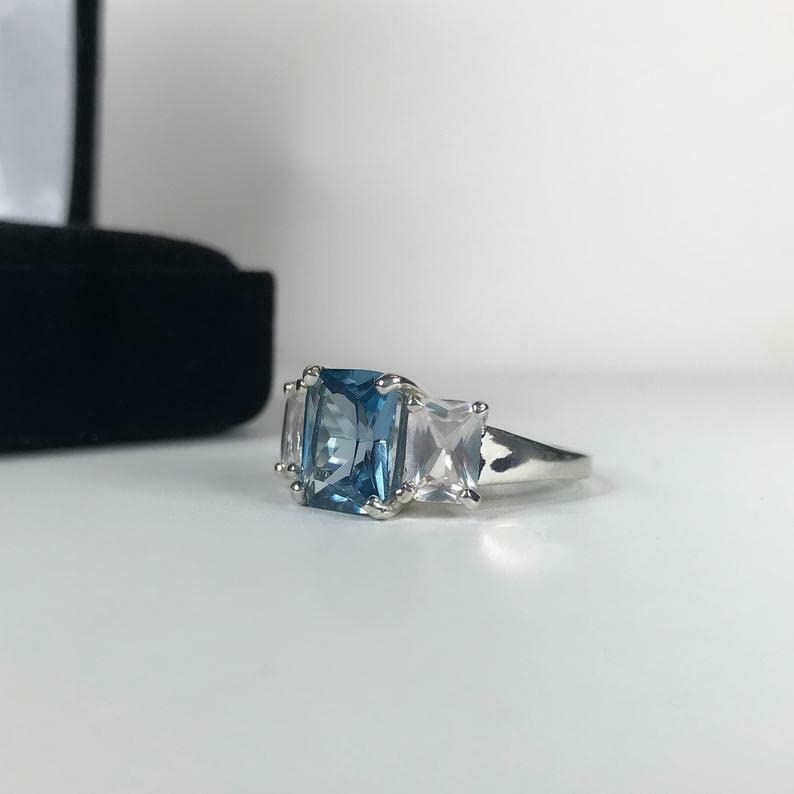 2.5ct London Blue Topaz Engagement Ring for Women - Radiant Cut Trilogy Setting, White Gold Plated | Perfect for Proposals, Anniversaries & Special Occasions