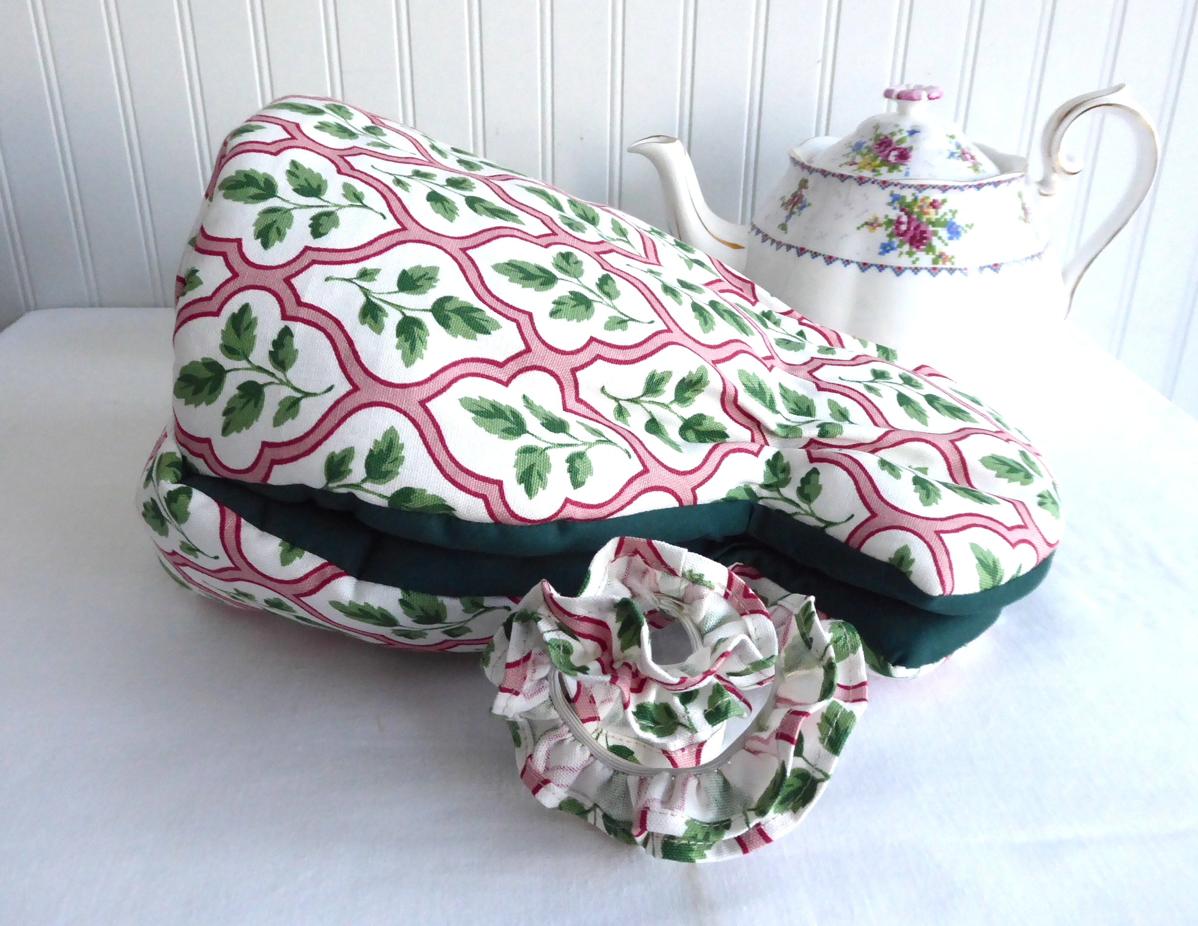 Large Tea Cozy - Padded Muff Style Insulated Tea Cover - Handmade Orchid Embroidery in Pink & Green - Perfect for Tea Parties & Winter Warmth