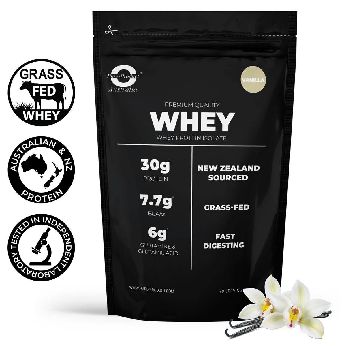 Premium 100% Whey Protein Isolate Powder - Fast Absorption, Non-GMO, Easy Digest - Grass-Fed New Zealand Protein - 30g Protein per Serving - Vanilla Flavor 1kg (2.2 lbs) for Post-Workout Recovery & Muscle Building