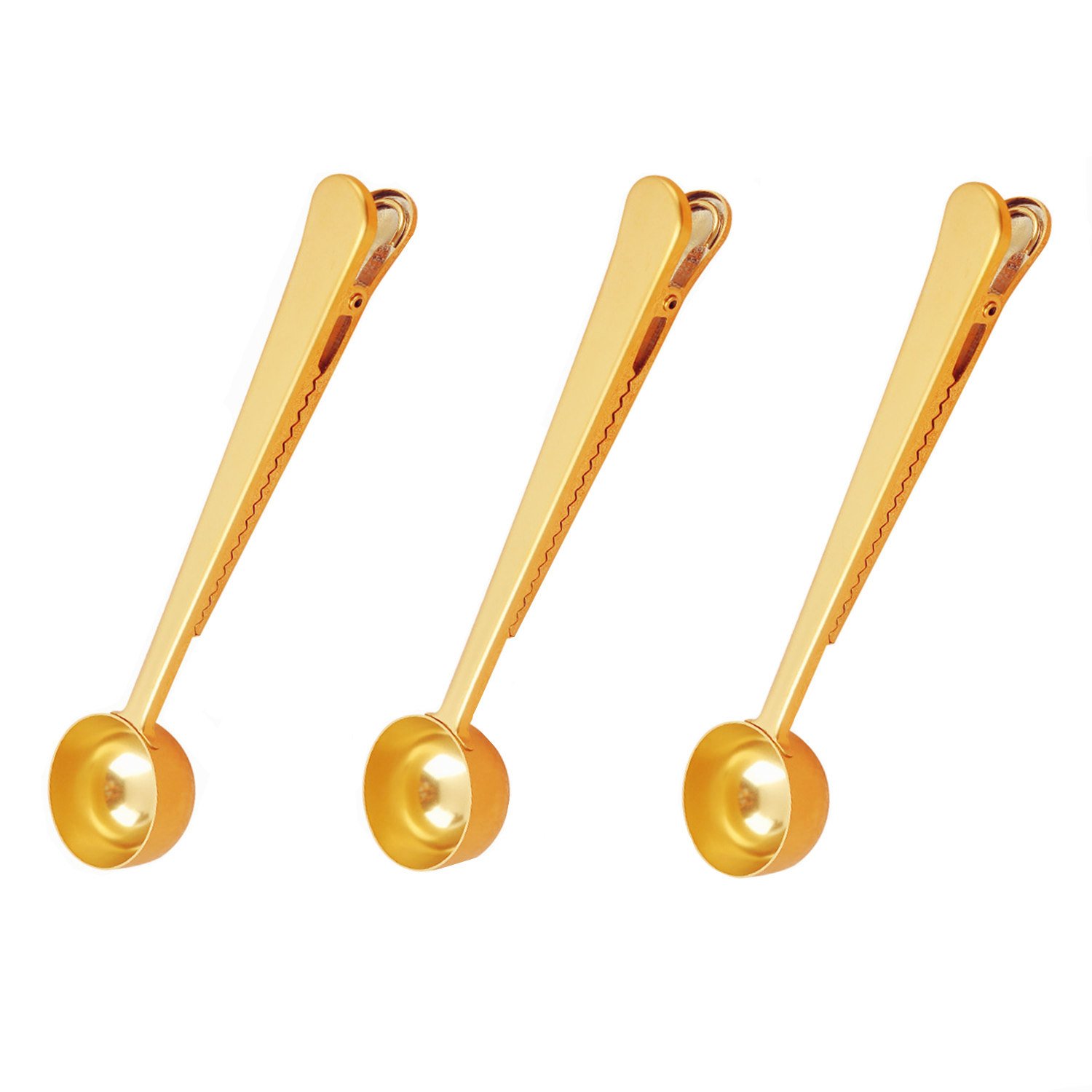 Premium Stainless Steel Coffee Scoop Set of 3 - Golden Measuring Spoon with Bag Clip - Perfect for Coffee, Tea, Protein Powder & Instant Drinks - Ideal for Kitchen, Camping & Coffee Shops