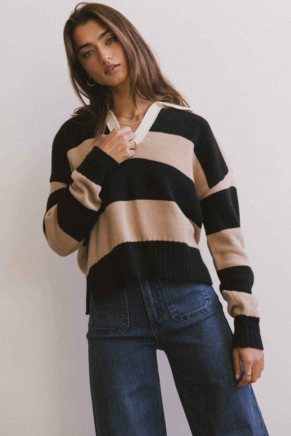 Akari Striped Sweater in Camel - Cozy Knit Pullover for Women | Autumn Winter Fashion | Perfect for Casual Outings & Coffee Dates