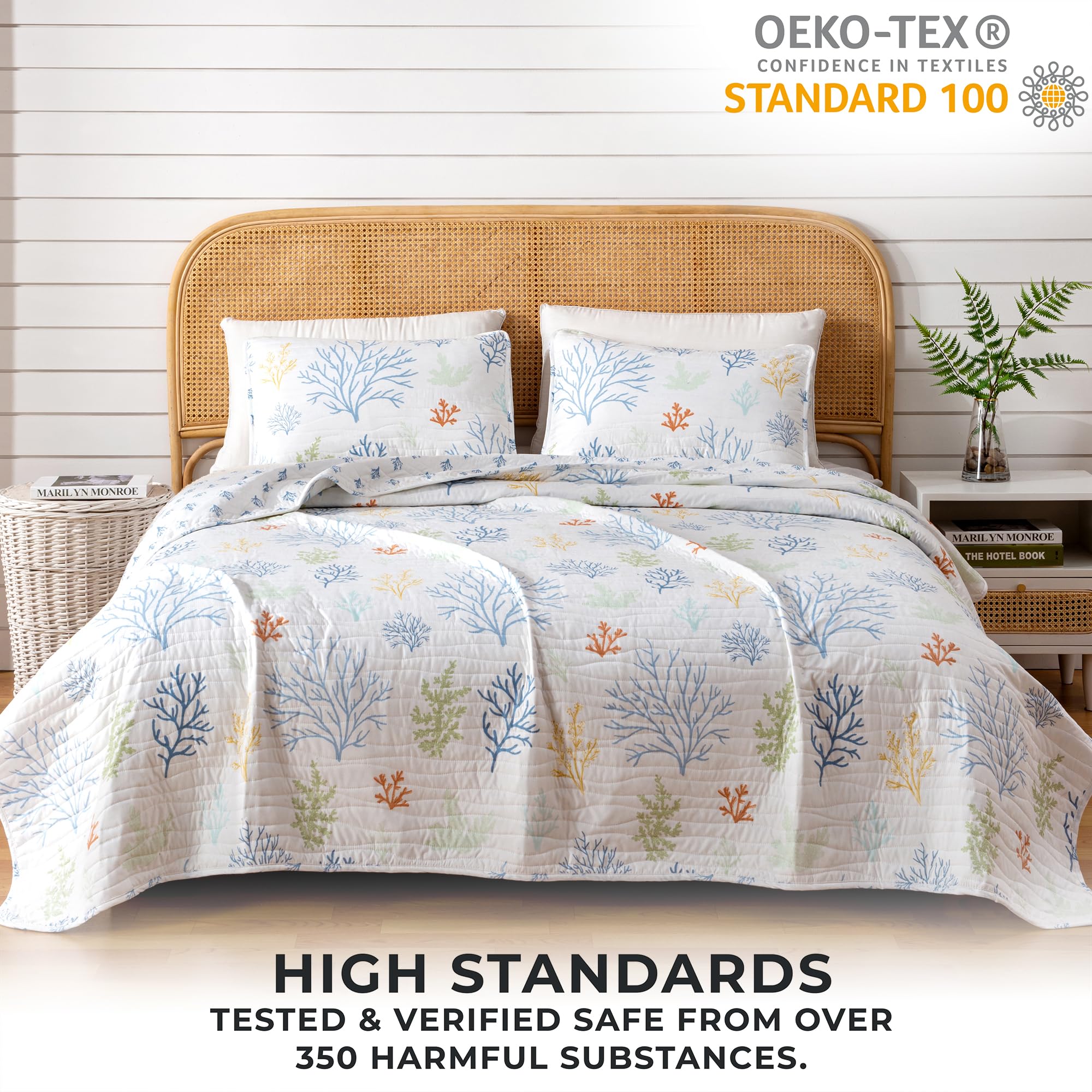 Full/Queen Coastal Quilt Bedding Set - Lightweight Reversible Summer Beach Quilt with Shams | 3-Piece Nautical Bedspread for All Seasons | Maldives Coral Collection | Perfect for Beach House, Guest Room & Coastal-Themed Bedrooms