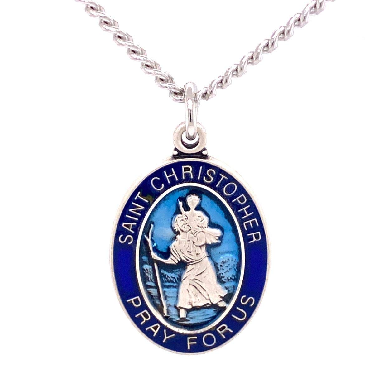 St. Christopher Sterling Silver Pendant Necklace with Blue Enamel - Religious Jewelry Gift for Travel Protection & Safe Journey - Perfect for Baptism, First Communion & Everyday Wear
