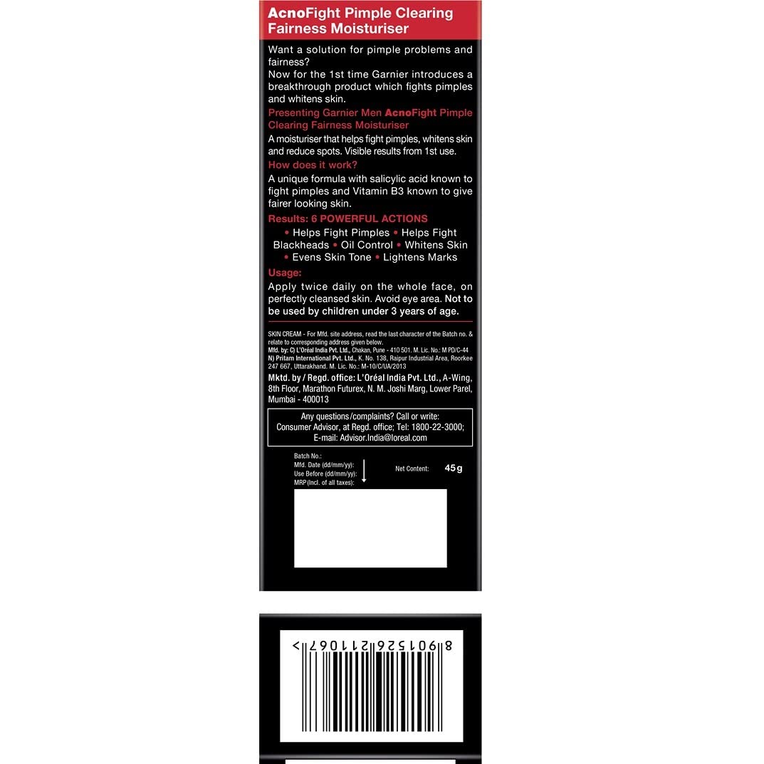 Garnier Men Acno Fight Pimple Clearing Brightening Cream Moisturizer for Acne-Prone Skin, 45g – Oil-Free Face Cream for Dark Spots & Blemishes – Daily Skincare for Men with Oily & Combination Skin