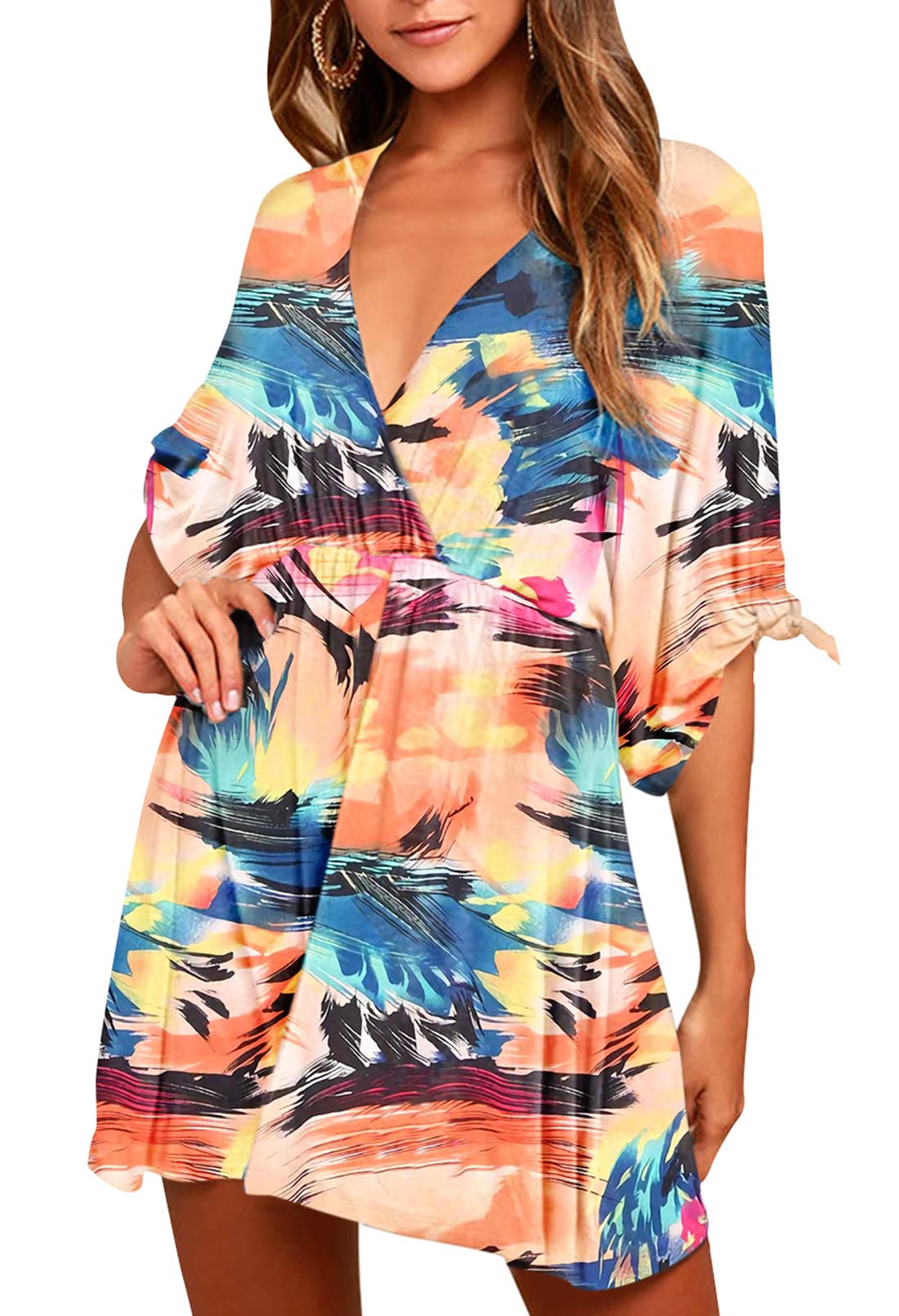 Meenew Women's Summer Casual Loose Tunic Swing Dress - V Neck Short Sleeve Vacation Beach Dress for Travel, Outing & Relaxation
