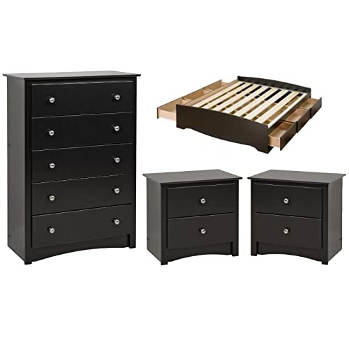 Home Square 4-Piece Bedroom Set - King Size Storage Bed with 5-Drawer Chest & 2 Nightstands - Complete Bedroom Furniture Suite for Master Bedroom Organization