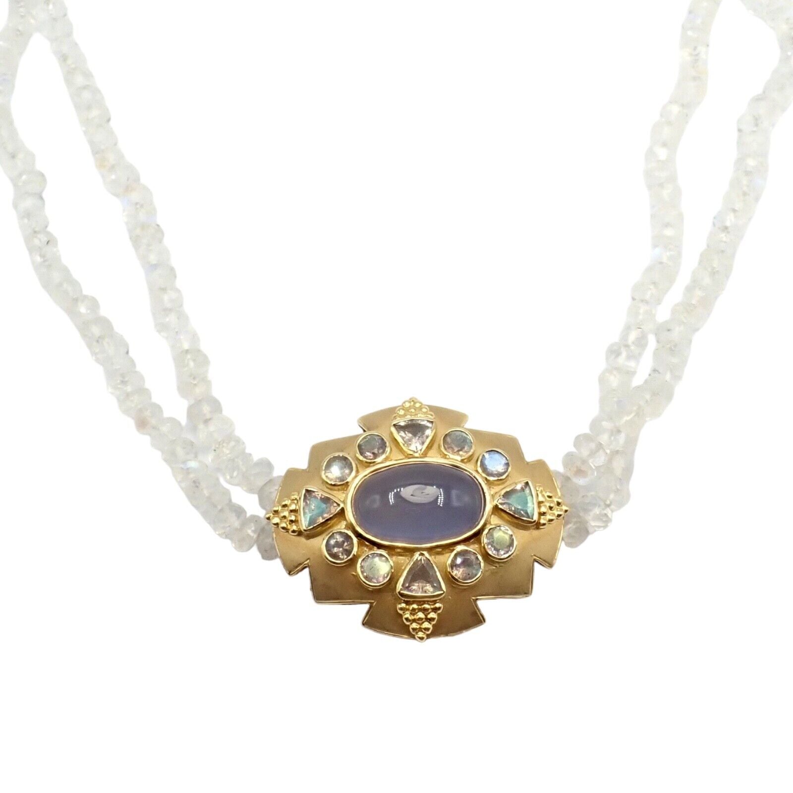 Paula Crevoshay 18k Gold Moonstone Chalcedony Jewelry Set - Brooch, Bracelet & Necklace OOAK for Special Occasions & Luxury Gifts