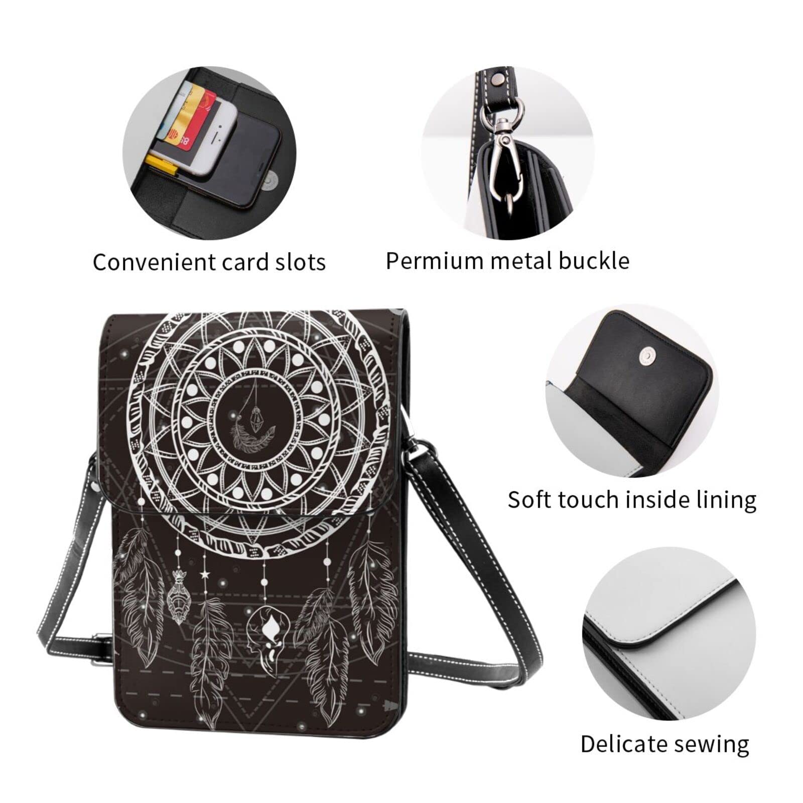 Dreamcatcher Native Mystic Geometry Black Crossbody Phone Purse for Women - Lightweight Small Soft Leather Fashion Wallet with Adjustable Strap - Perfect for Travel, Shopping & Everyday Use