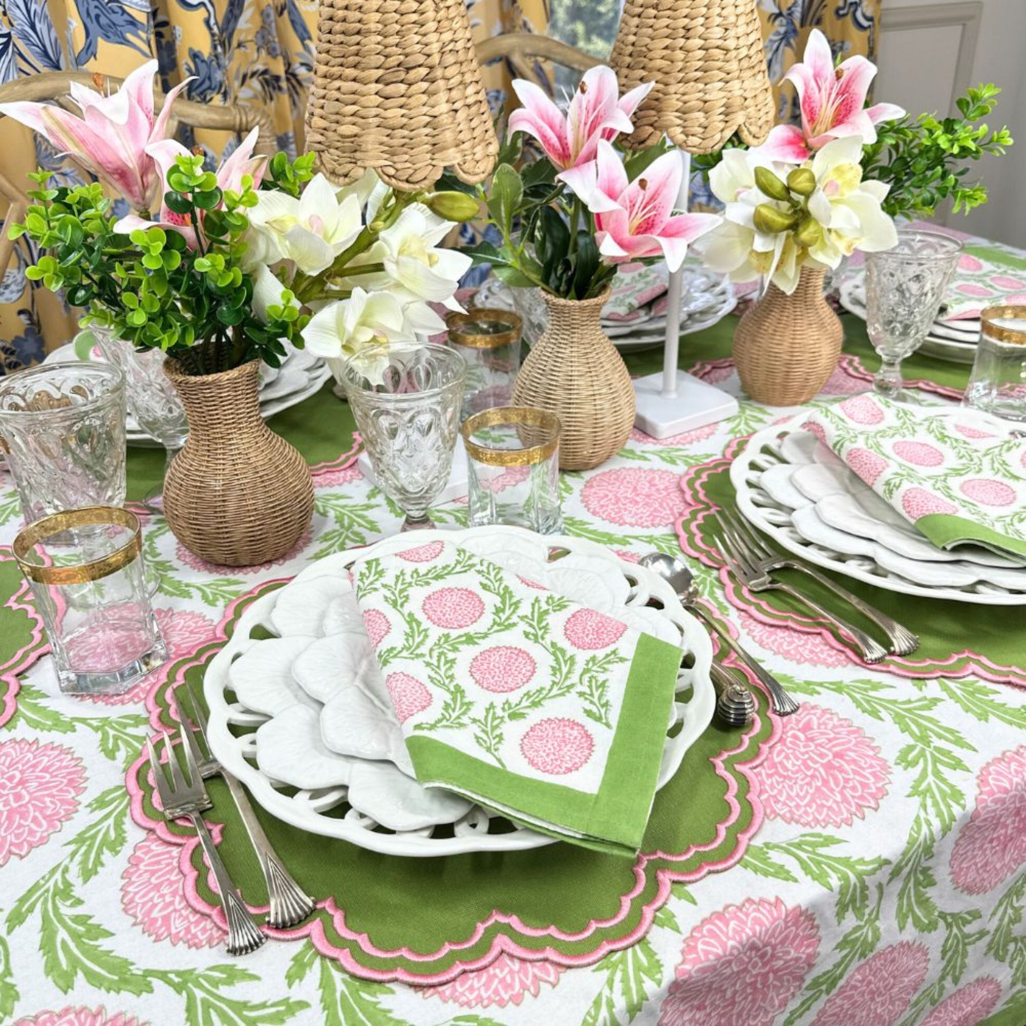Bettina Placemat Set of 4 - Green & Pink Cotton Table Mats for Dining, Kitchen, and Party Decor | Waterproof & Heat Resistant
