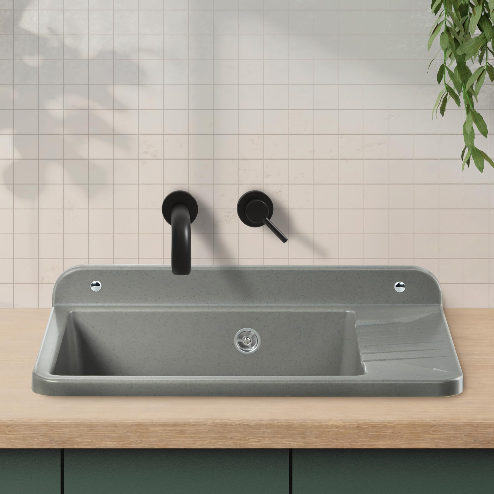 GOSPO 50.5 x 34 x 26.5 cm Polypropylene Kitchen Sink with Professional Siphon & Mounting Kit - Durable Grey Utility Sink for Home, RV, Laundry Room & Outdoor Use