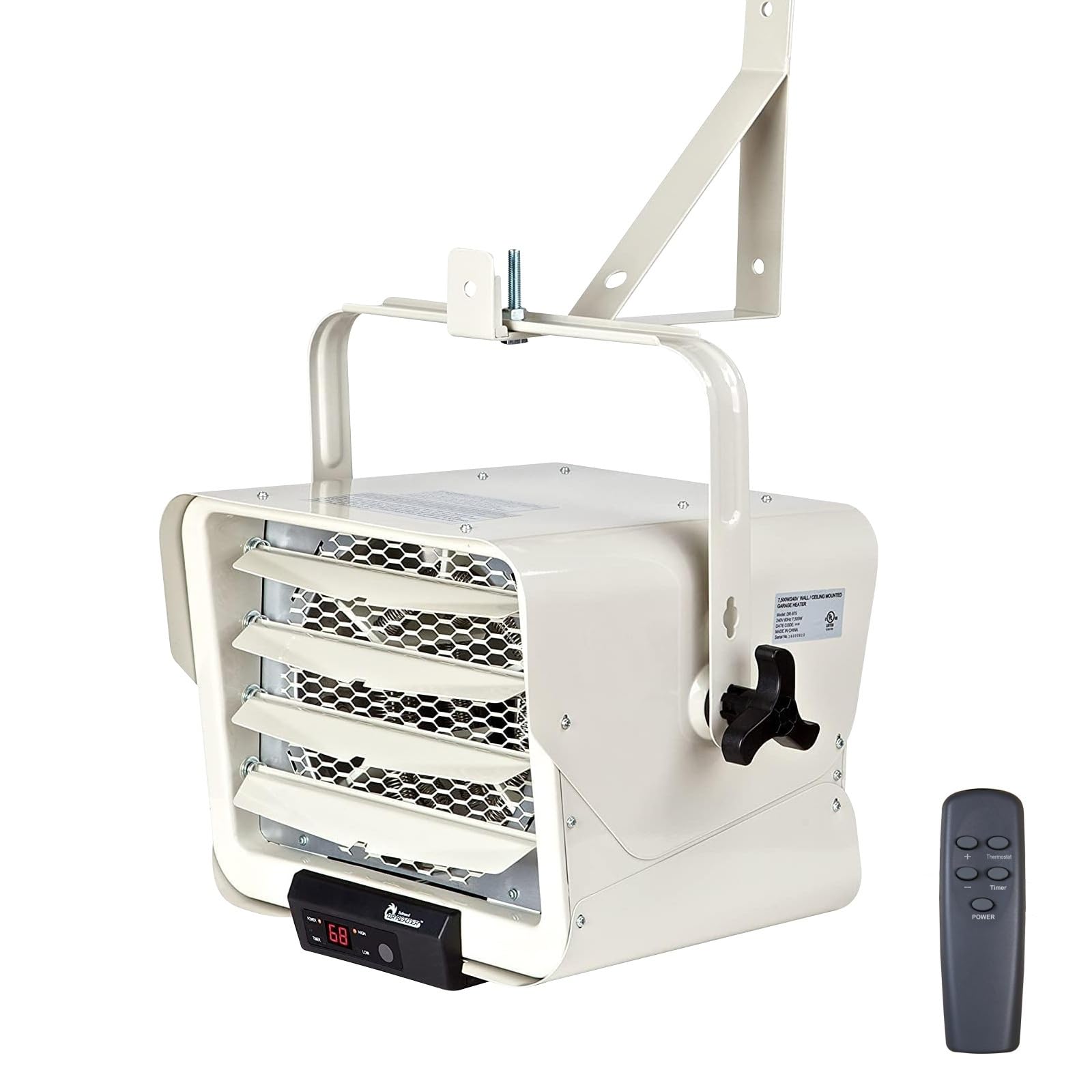 DR. INFRARED HEATER DR-975 7500W 240V Hardwired Shop Garage Heater - Wall/Ceiling Mount Electric Heater with Remote Thermostat, White - Perfect for Warehouses, Workshops & Large Spaces