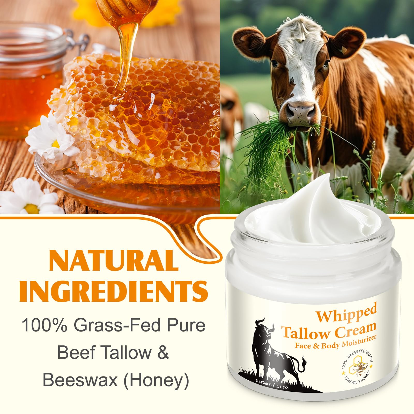 Organic Beef Tallow & Honey Balm - 2oz Face Moisturizer for Dry Skin Care
