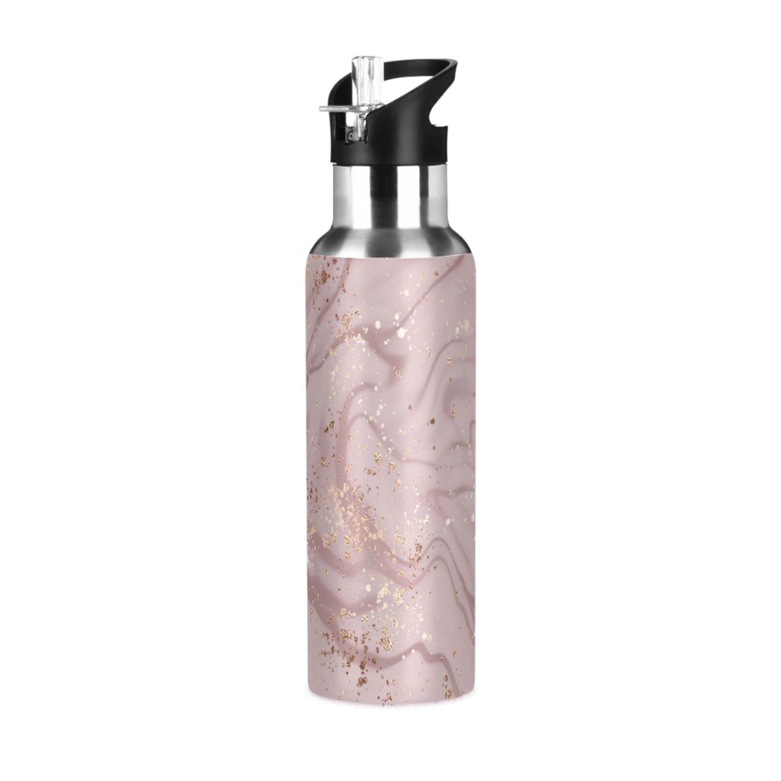 Rose Gold Marble Sports Water Bottle - 20oz BPA-Free Stainless Steel with Straw for Gym & Hiking