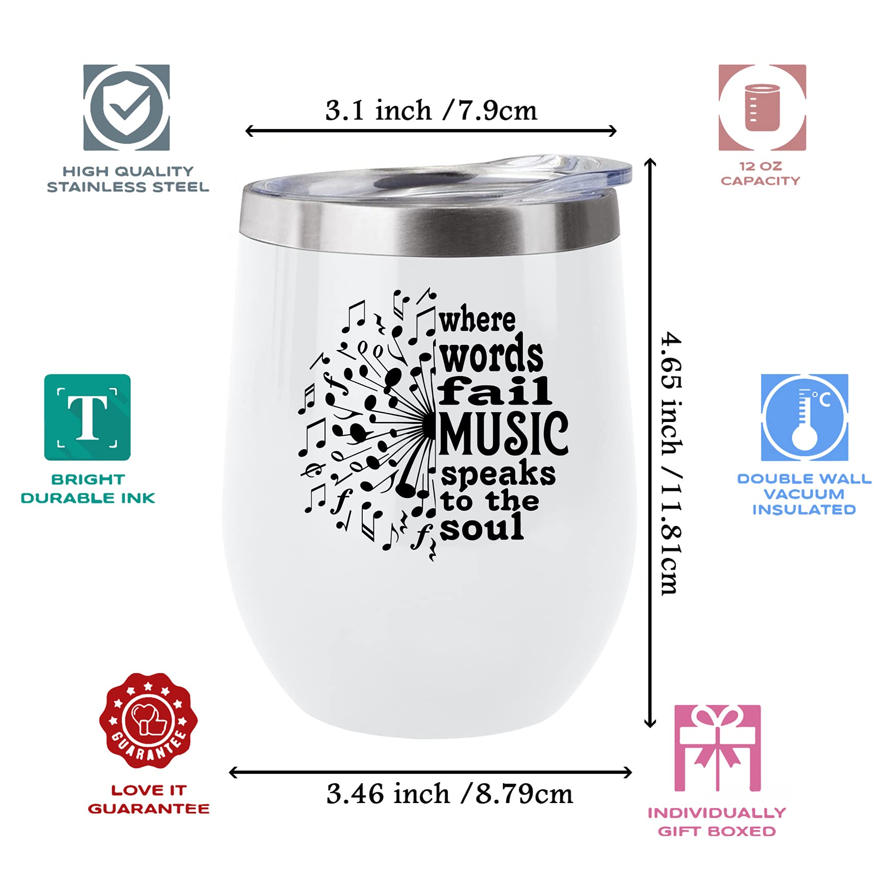 **Personalized Music Teacher Gift - 12oz Stainless Steel Wine Tumbler with Lid - Unique Appreciation Present for Music Lovers, Students, Men & Women - Perfect for Concerts, Rehearsals & Music Classes**