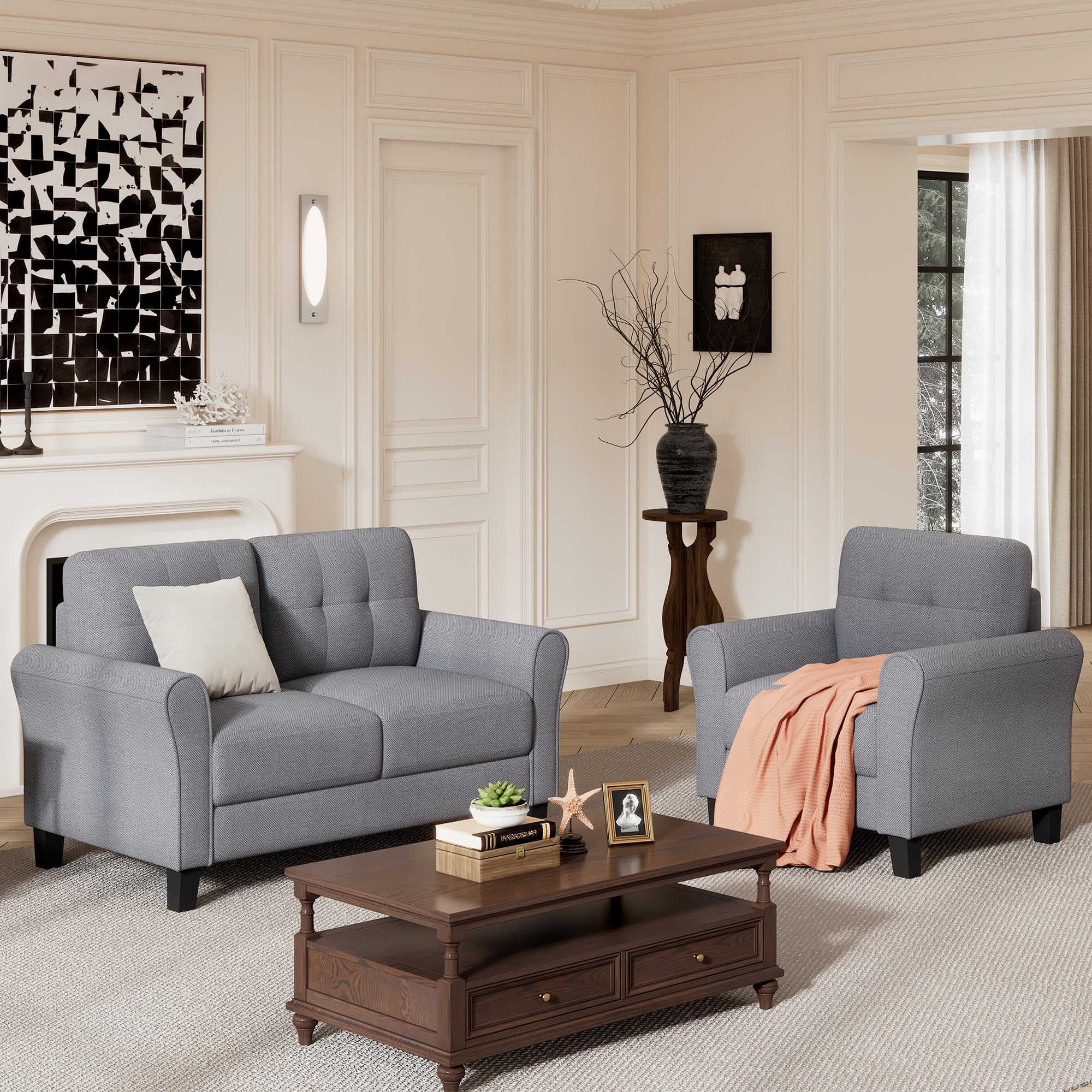 Harper & Bright Designs 3-Piece Modern Sectional Sofa Set with Button Tufted Linen Upholstery - Light Grey-Blue Armchair, Loveseat & 3-Seater Sofa for Living Room, Apartment & Lounge Comfort