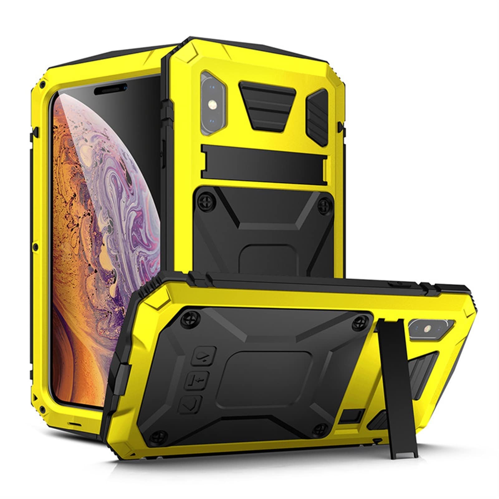 CNIFC Armor Heavy Duty Protection Case for iPhone 11/12 Mini/11 Pro/X/Xs Max - IP68 Waterproof Shockproof Full-Body Metal Tank Case (Yellow, iPhone X Size) - Perfect for Outdoor Adventures, Construction Work & Extreme Sports