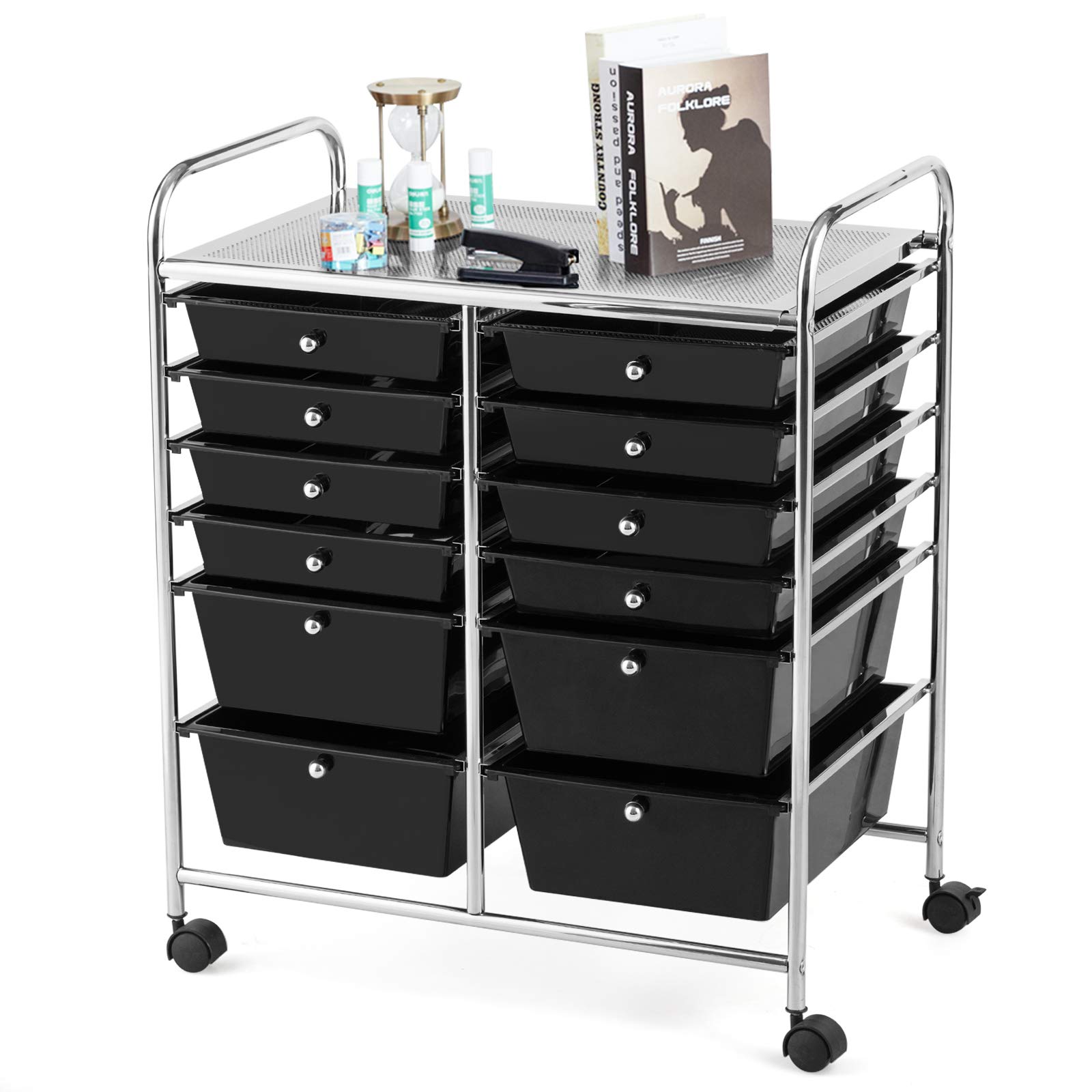 RELAX4LIFE 12-Drawer Rolling Storage Cart with Wheels - Mobile Craft Organizer for Art Supplies, Office, School & Beauty Salon - Perfect for Home Organization, DIY Projects & Salon Storage (Black)