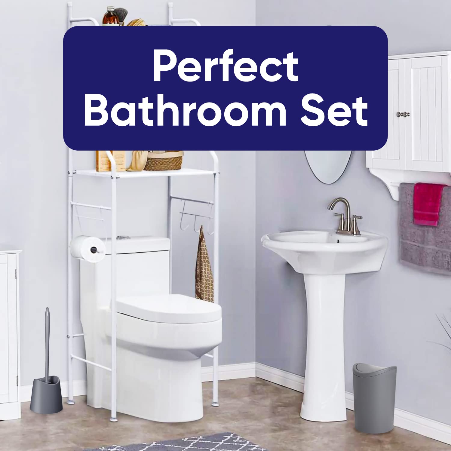 Premium 6L Grey Modern Bathroom Trash Can with Swing Lid & Toilet Brush Set - Plastic Waste Basket with Toilet Bowl Cleaner - Perfect for Small Bathrooms, Powder Rooms & Vanity Areas