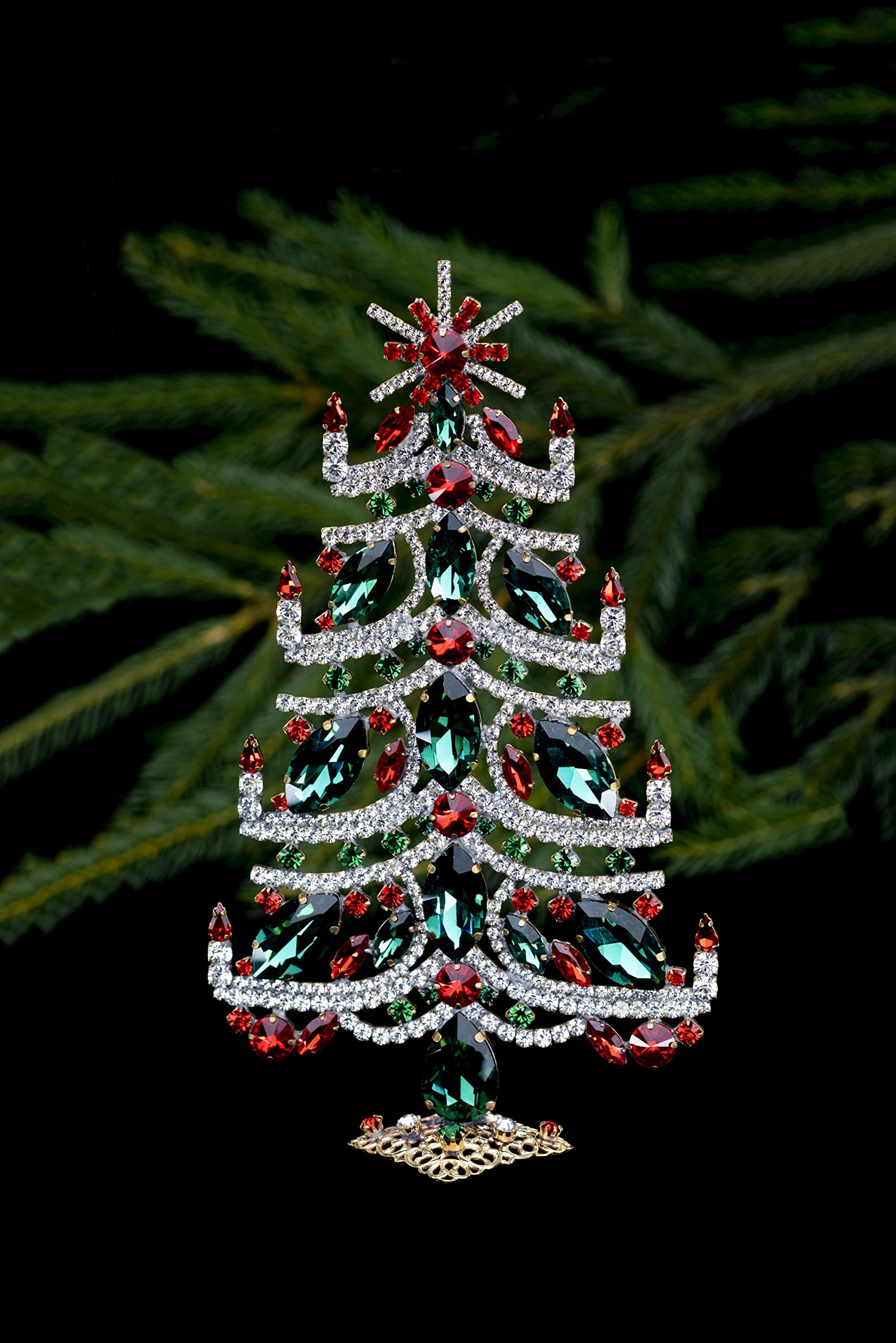 Handcrafted Bethlehem Christmas Tree with Clear, Red & Green Rhinestones - Elegant Tabletop Decor with Christmas Star & Flamed Candles | Perfect for Holiday Home Decor, Office Festive Display & Christmas Gift