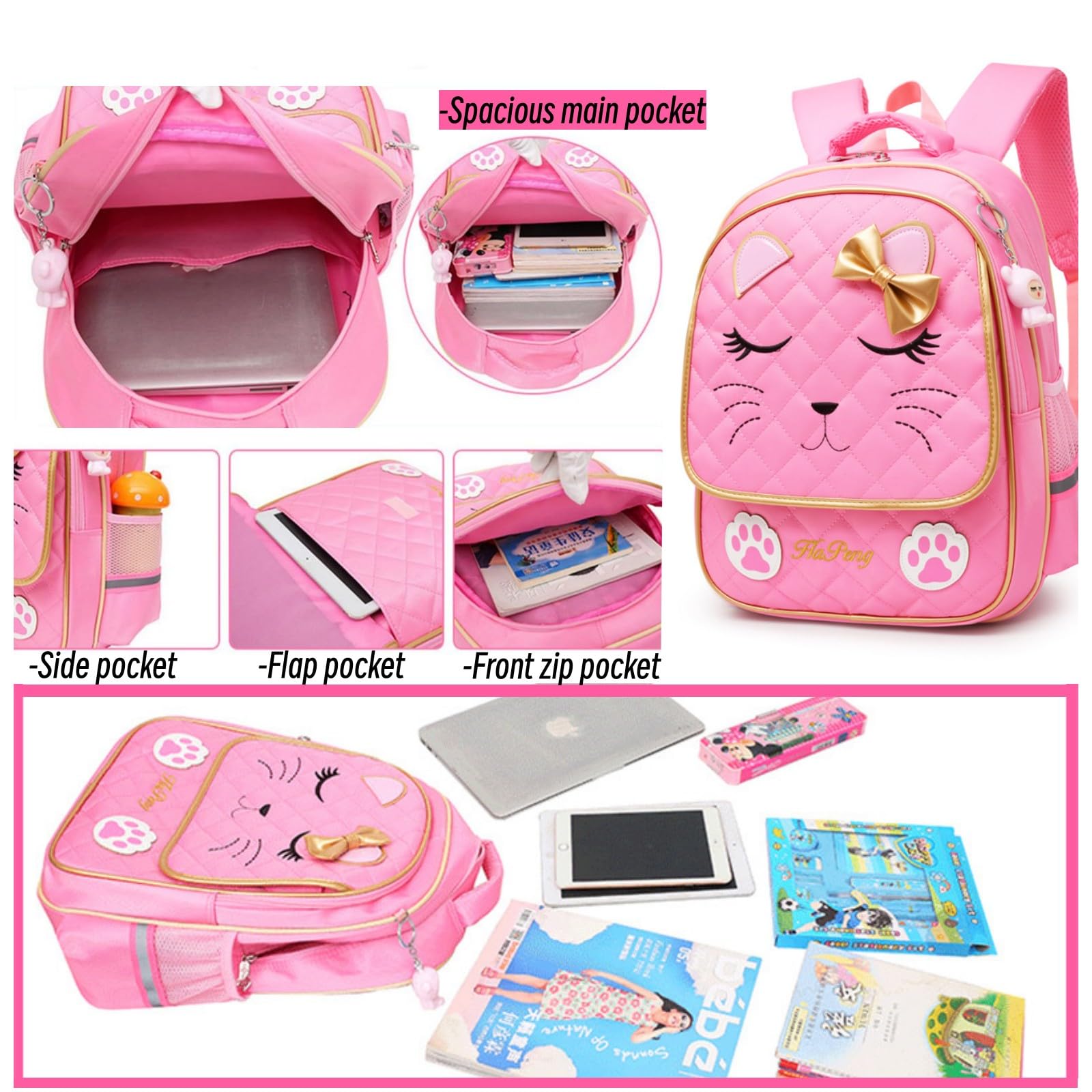 Cute Cat Face Rolling Backpack for Girls - Pink 6-Wheel Trolley School Bag with Bowknot | Kids Travel Luggage & Carry-On for School, Airplane, and Daily Use