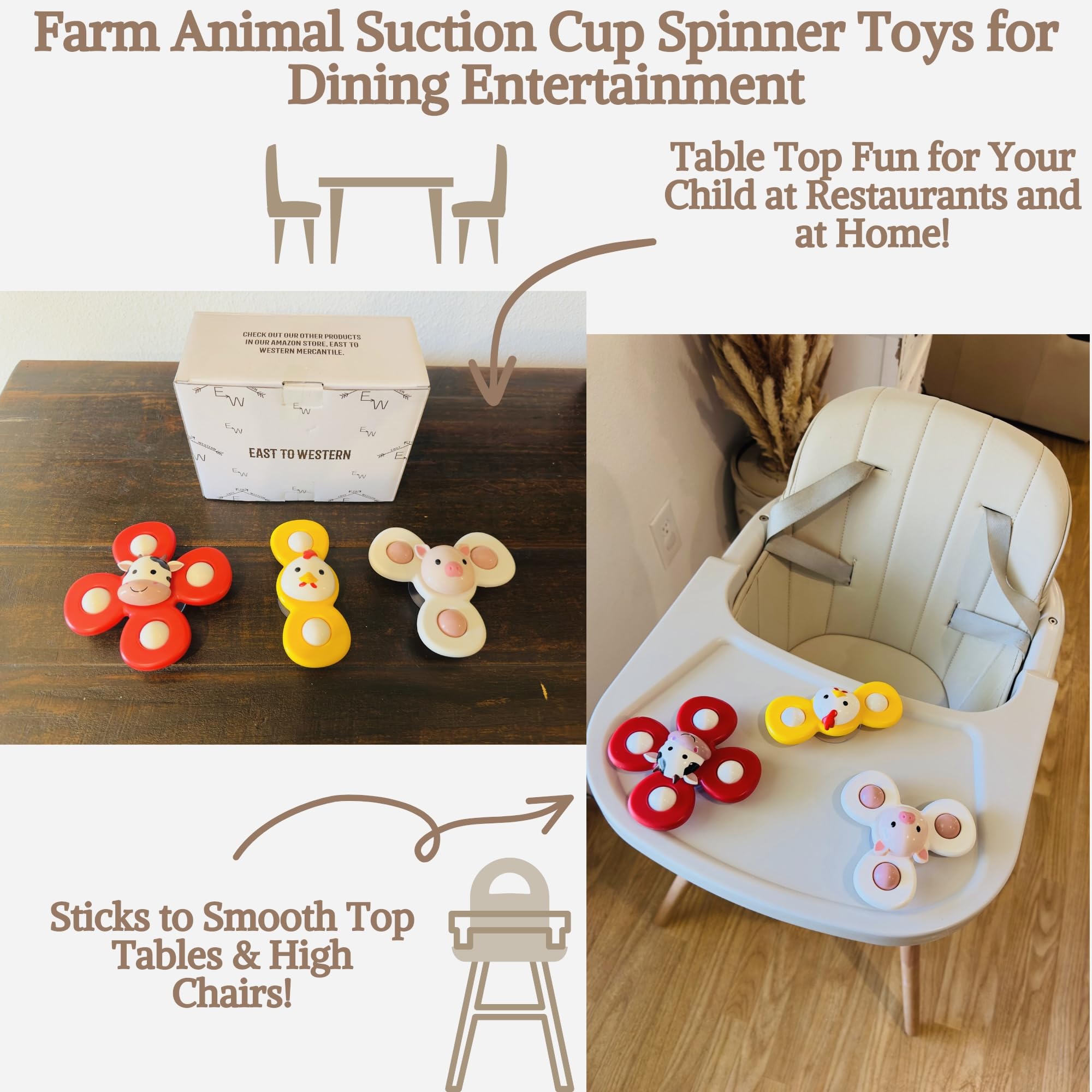 Farm Animal 3 PCS Suction Cup Spinner Toys Set - Cow, Pig, Chicken - Sensory Toys for Babies 6-18 Months & Toddlers 1-3 Years - Travel, Fidget & Learning Toys for Boys & Girls - Perfect for Car Windows, High Chairs & Playtime