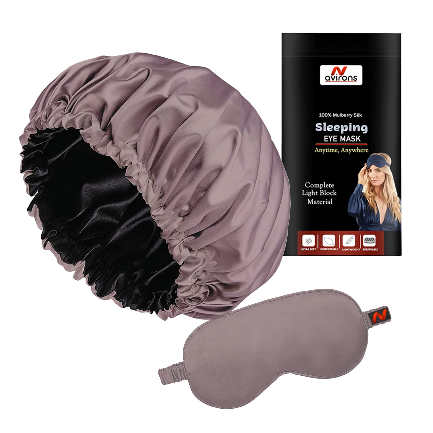 Silk Sleep Cap with Blackout Eye Mask - Satin Bonnet for All Hair Types - Double Layer Hair Cap for Night Protection - Perfect for Travel, Bedtime & Hair Care Routine