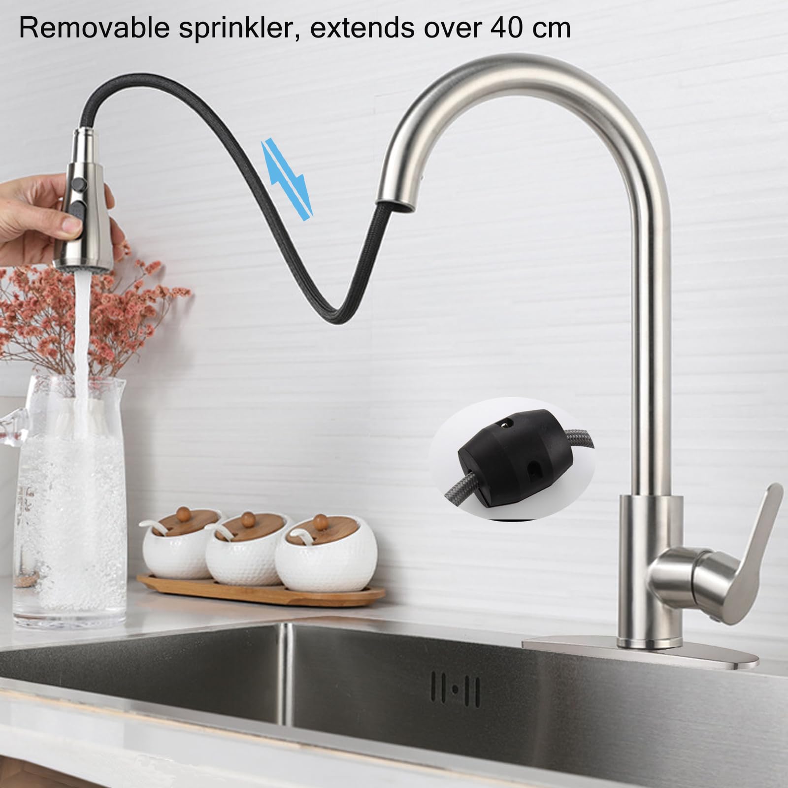 LKUWEE 360° Swivel Pullout Kitchen Faucet, Stainless Steel Brushed Nickel, Hot and Cold Water Tap with 2 Hoses, Ideal for Modern Home Kitchens