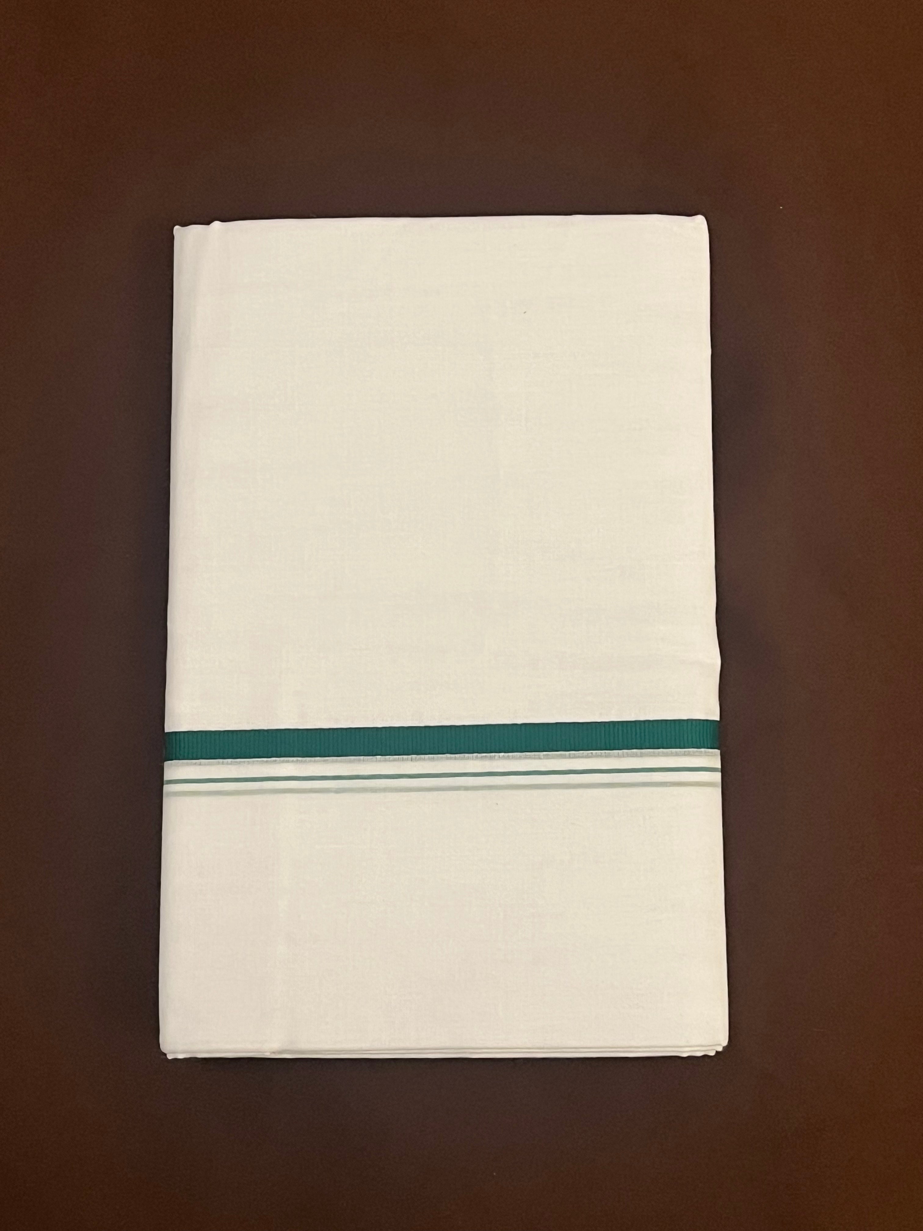 Premium Men's White Pure Cotton Dhoti with Green Border - Traditional Indian Attire for Weddings, Festivals & Cultural Events