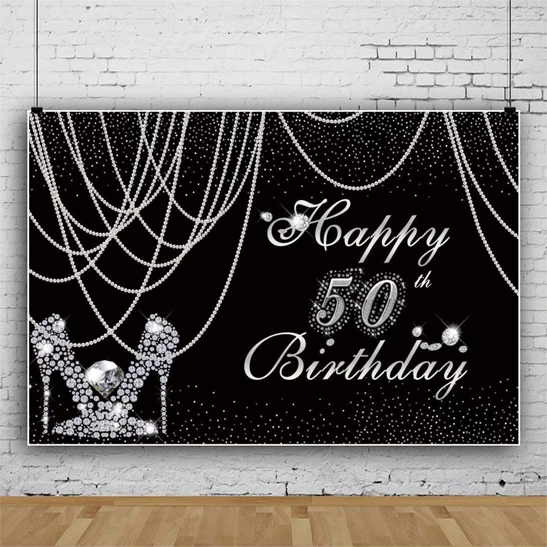 50th Birthday Party Backdrop for Women - 10x8ft Black & Silver Sparkly Photo Background with Pearl Curtain & Diamond High Heels Design - Perfect for Photography Studio, Photo Booth, Milestone Celebrations & Birthday Party Decorations