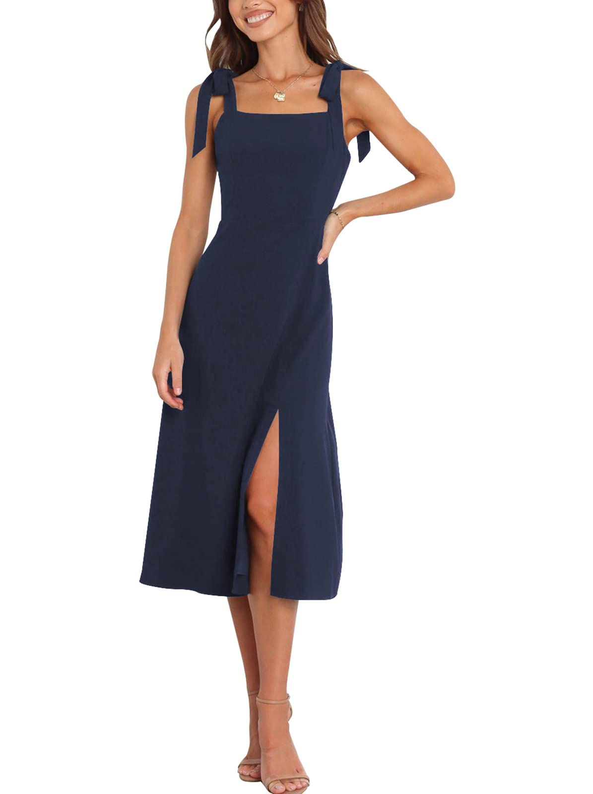 Elegant Square Neck Bridesmaid Dress for Women - Split Midi Formal Cocktail Party Dress - Perfect for Wedding Guest, Evening Events & Special Occasions