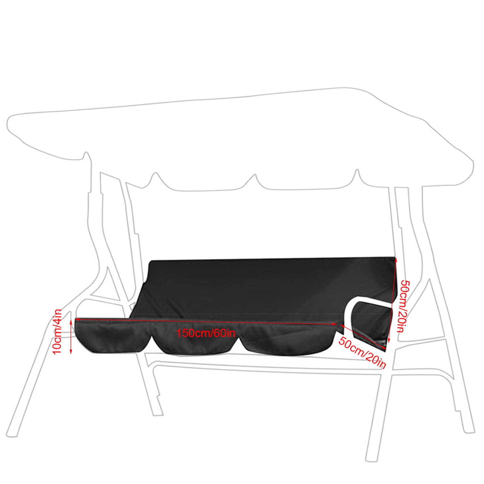 Premium 3-Seater Porch Swing Cushion Cover - 190T Polyester Taffeta Replacement Cushions for Outdoor Patio Swing (150x50x10cm, Black) - Weather-Resistant & Comfortable for Garden, Deck, and Backyard Relaxation