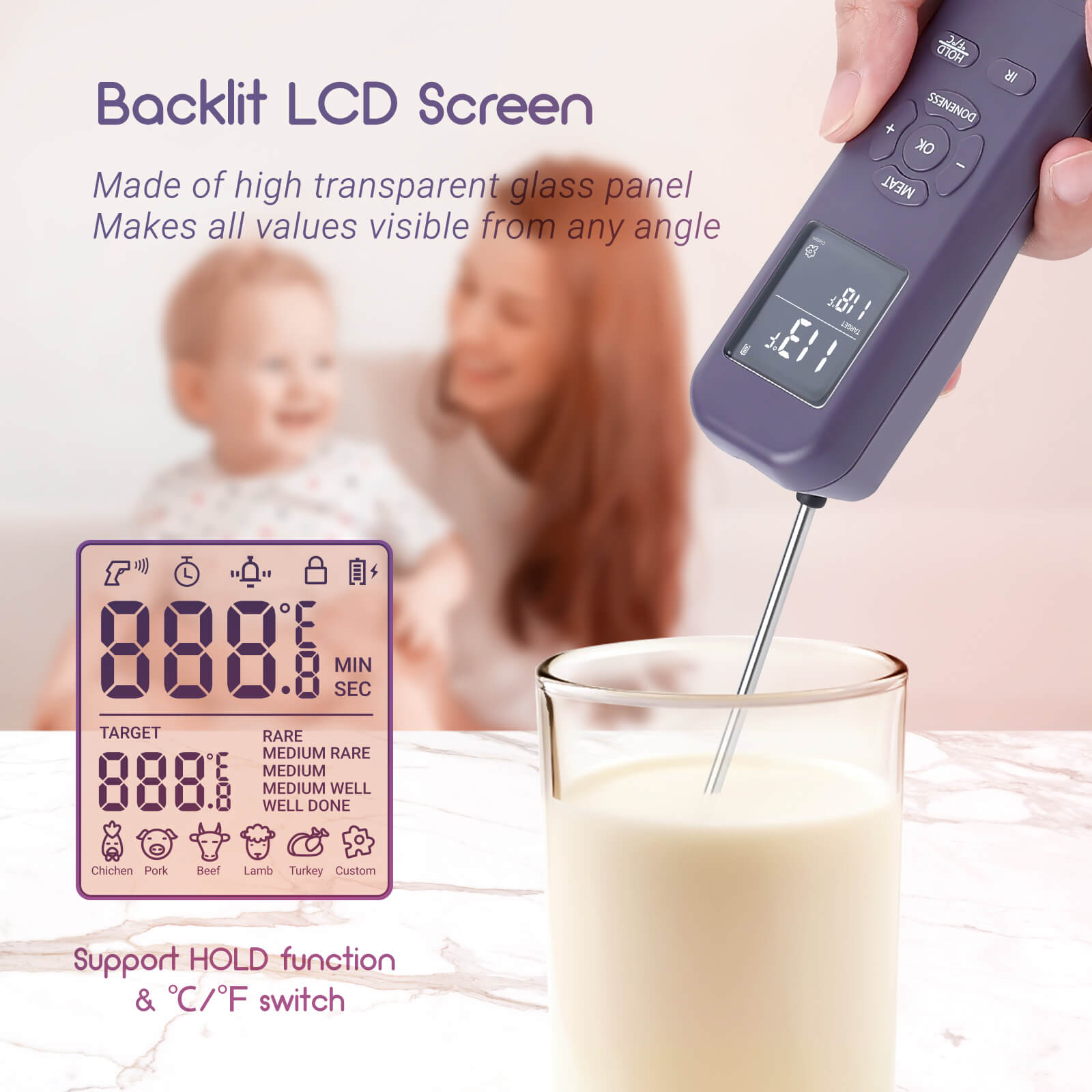 3-in-1 Instant Read Digital Meat Thermometer with Backlit LCD - Fast & Accurate Cooking Thermometer for Grilling, BBQ, Baking, and Kitchen Use