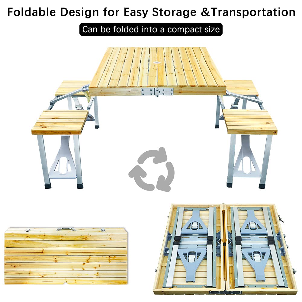 Portable Aluminum Folding Camping Picnic Table Bench Set with Umbrella Hole - 4 Seats & 1 Table for Indoor, Outdoor, Patio, Lawn, Garden - Perfect for Camping Trips, Backyard BBQs and Beach Outings
