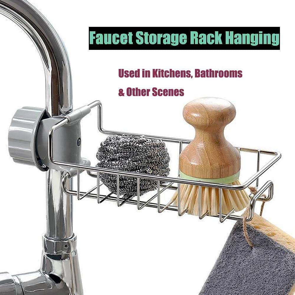 ASTRECA Stainless Steel Soap Sponge Holder Rack - Kitchen & Bathroom Faucet Organizer, Hanging Sink Caddy for Sponges, Brushes & Towels - Perfect for Sink Organization & Countertop Storage
