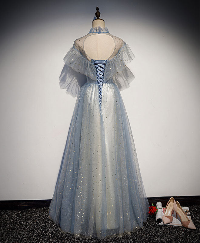 Elegant Light Gray Blue Tulle Lace Long Prom Dress for Women - Formal Evening Gown for Homecoming, Ball, Wedding & Special Occasions