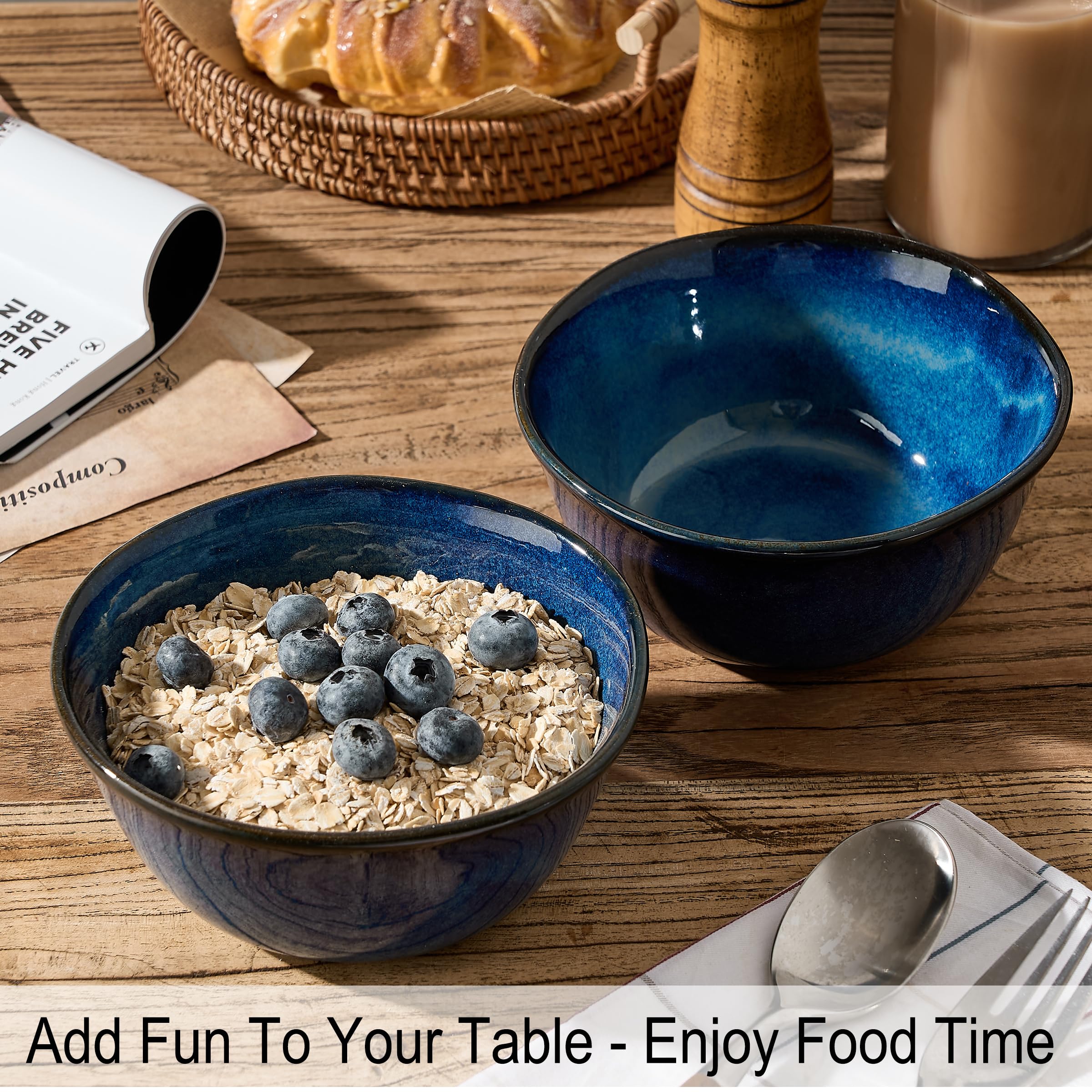 6 Inch Ceramic Soup Bowls Set of 4 - 23.7 Fl Oz Porcelain Cereal Bowls for Salad, Fruits, Dessert, Oatmeal & Ramen - Microwave, Dishwasher & Oven Safe - Wavy Design Blue Bowls - Perfect for Family Dinners, Parties & Everyday Use