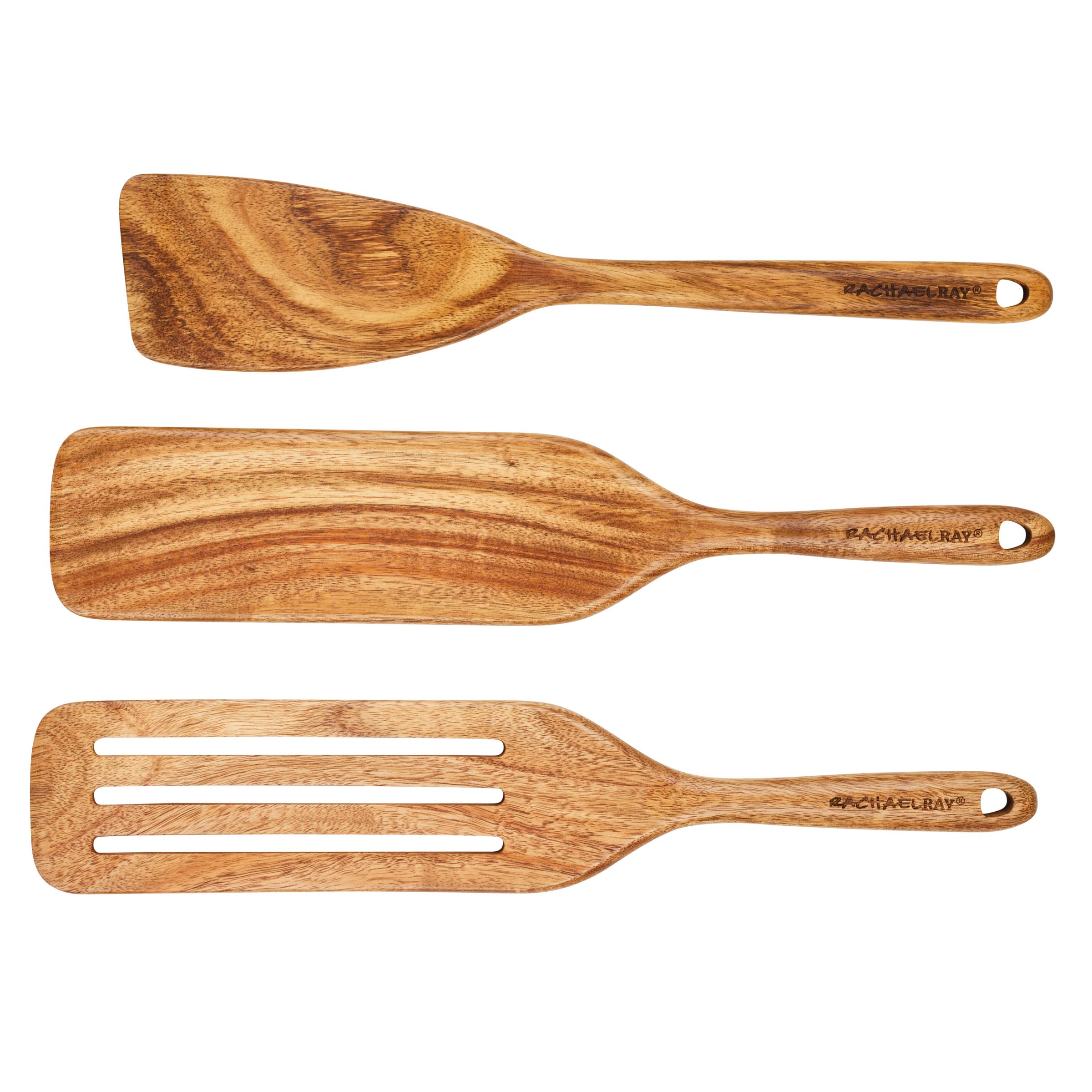 Rachael Ray 3-Piece Acacia Wood Kitchen Utensil Set - Wooden Cooking Tools, Spatula, Spoon & Slotted Spoon for Baking, Stirring & Serving - Perfect for Home Chefs & Professional Kitchens