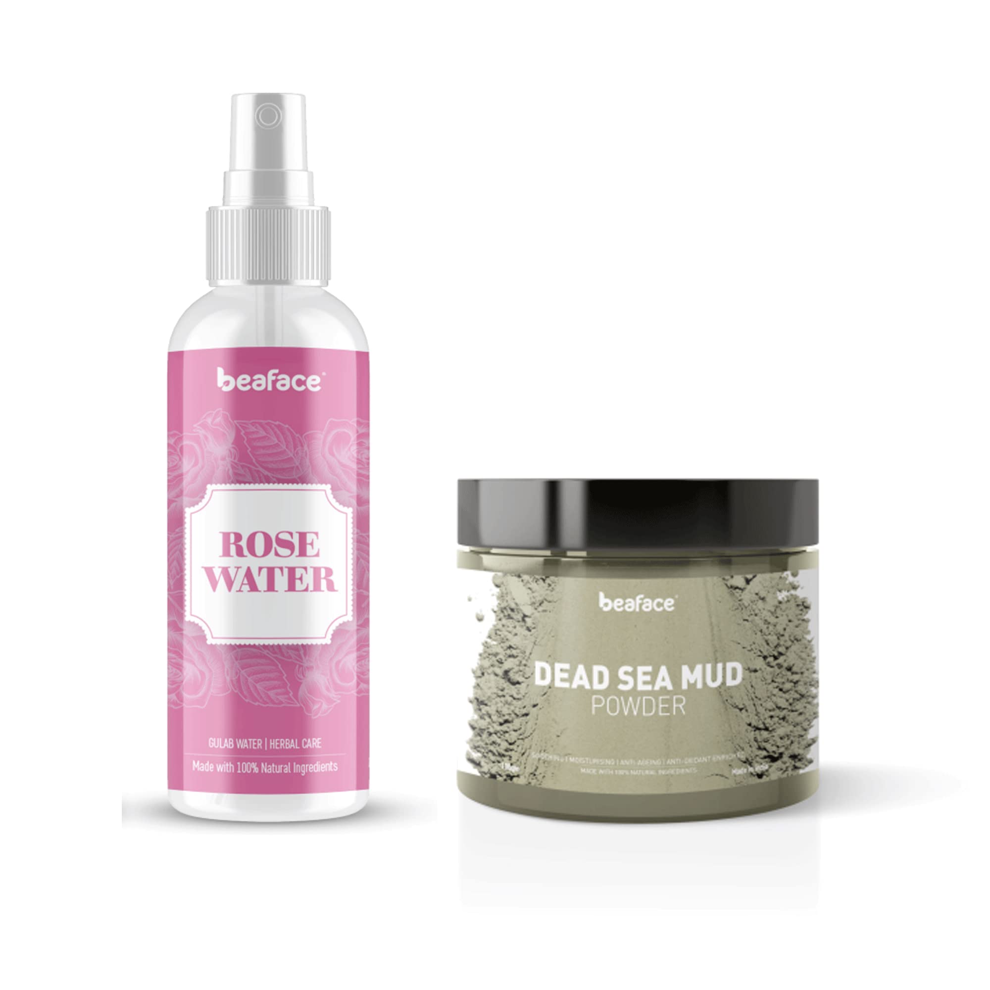 Beaface Dead Sea Mud Mask & Rosewater Facial Spray Combo Pack (2 x 100ml) - Hydrating & Detoxifying Skincare Set for Acne, Blackheads & Glowing Skin