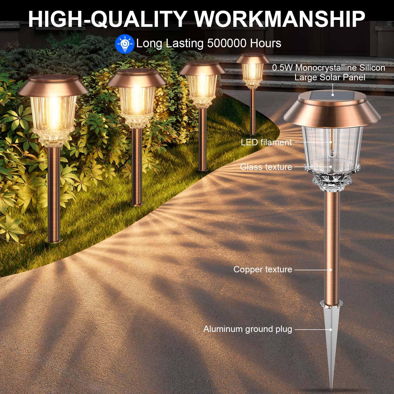XMCOSY+ 6 Pack Solar Pathway Lights Outdoor Waterproof - 10-40 LM Dimmable Auto On/Off Solar Garden Lights for Yard, Walkway, Driveway (Warm White) | Energy-Efficient Landscape Lighting for Patio, Deck & Backyard