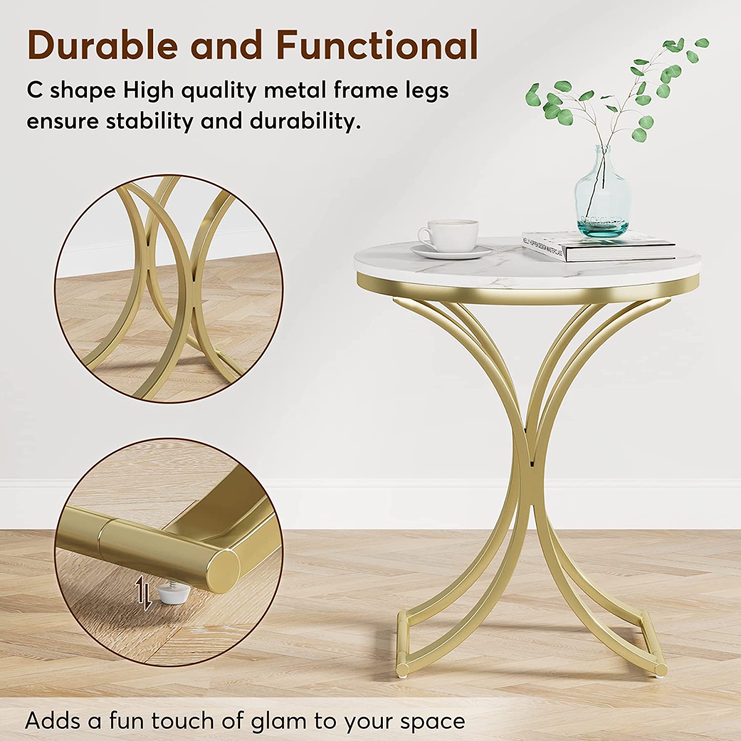 Round End Table with Metal Frame - Small Sofa Side Table & Coffee Table for Living Room, Bedroom, or Office - Modern Accent Furniture for Home Decor