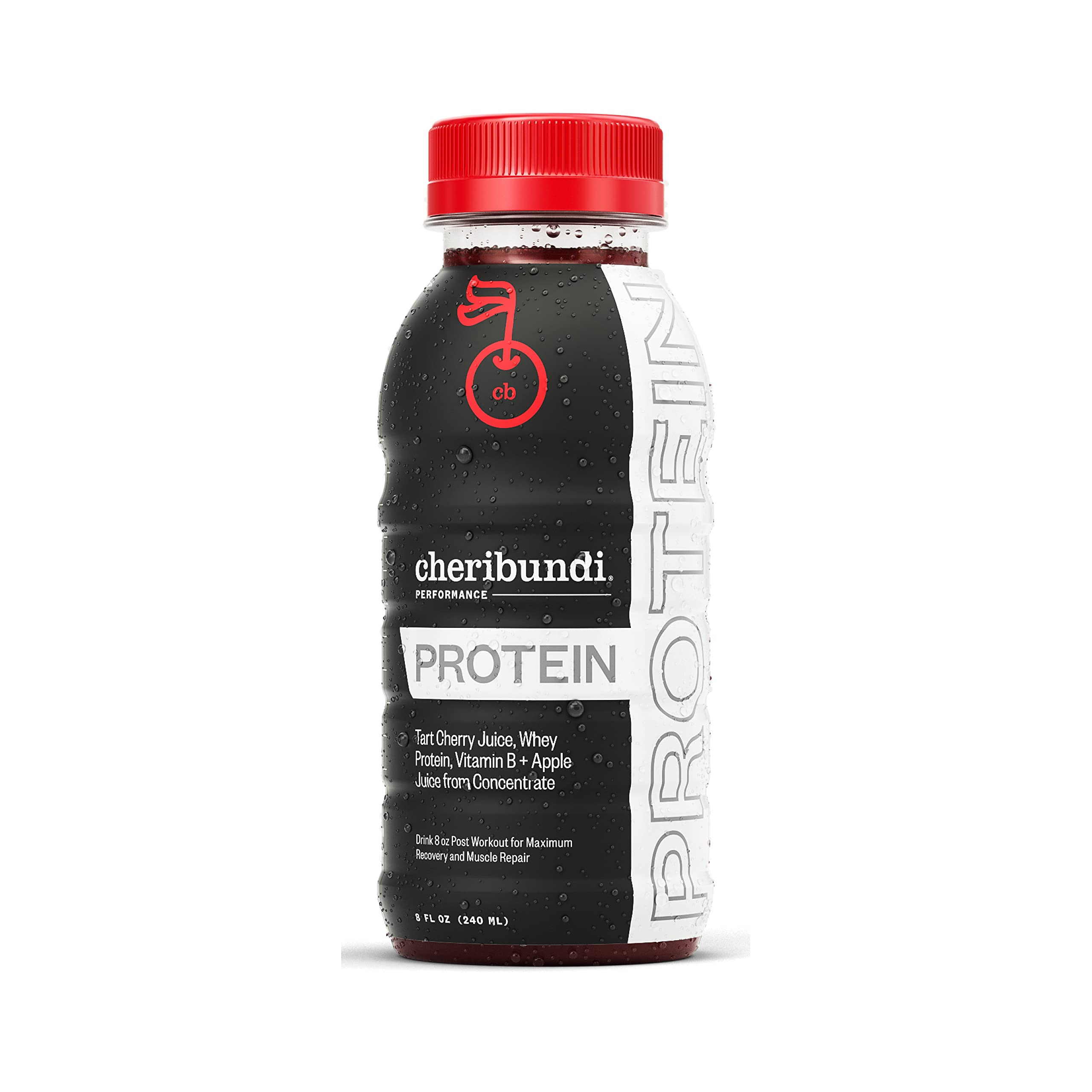 Cheribundi PROTEIN Tart Cherry Juice with Whey Protein - Post Workout Recovery Drink for Athletes, Weight Training & Sports - 8 Fl Oz (Pack of 24) - Ideal for Gym Recovery, Muscle Repair & Competitive Performance