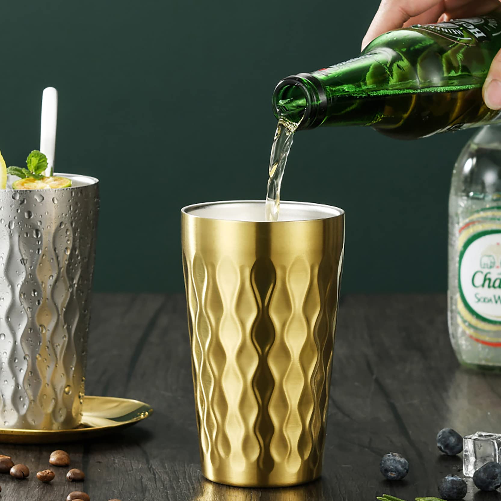 4-Piece Stainless Steel Golden Cups Set (15oz, 12oz, 10oz, 6oz) - Double Walled Insulated Iced Tea Mugs, Beer Glasses & Metal Coffee Cups for Hot & Cold Drinks - Perfect for Indoor, Outdoor, Camping, Parties & Home Use