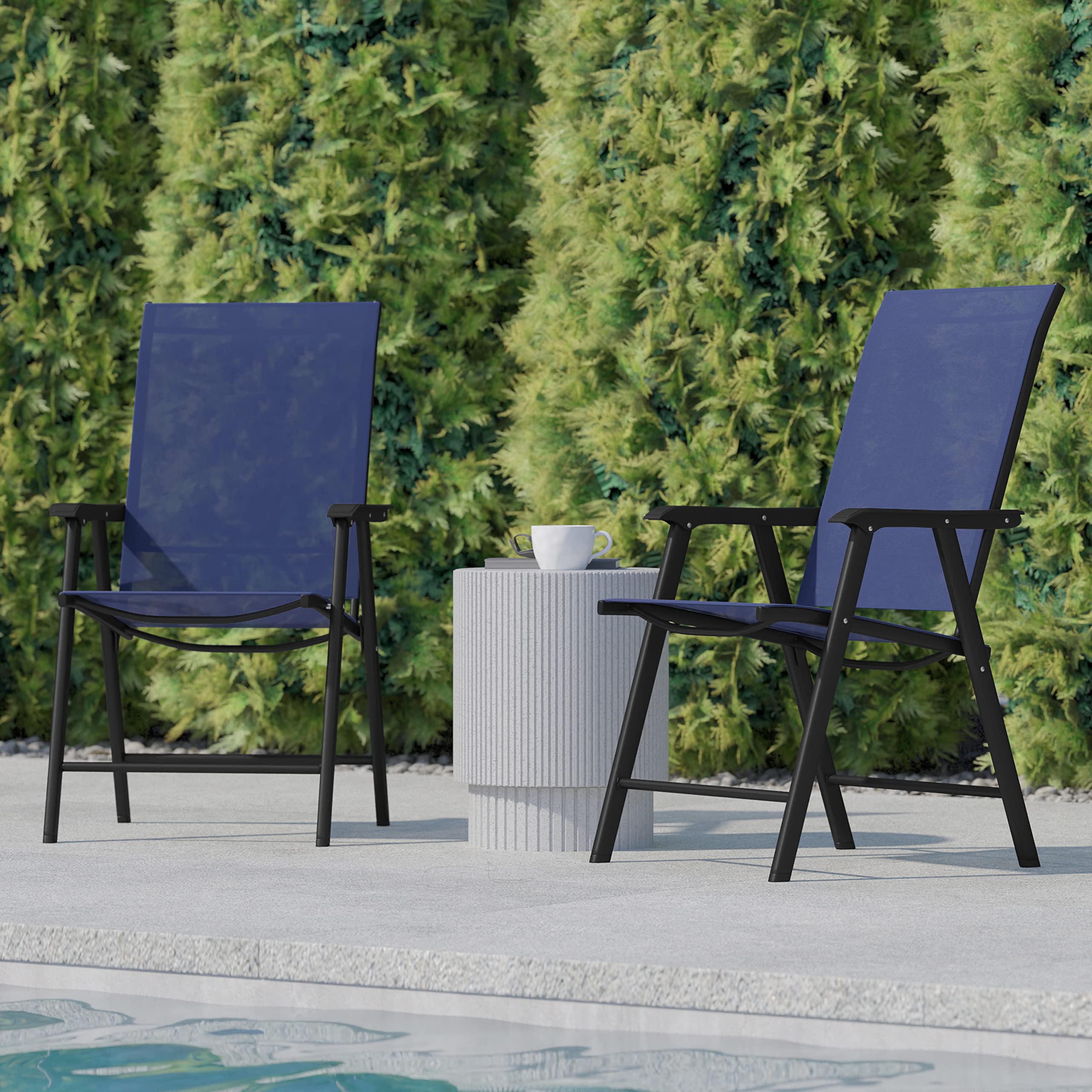 Flash Furniture Paladin Navy Outdoor Folding Patio Sling Chair with Black Frame (2 Pack) - Perfect for Poolside, Backyard, Deck, and Beach Relaxation