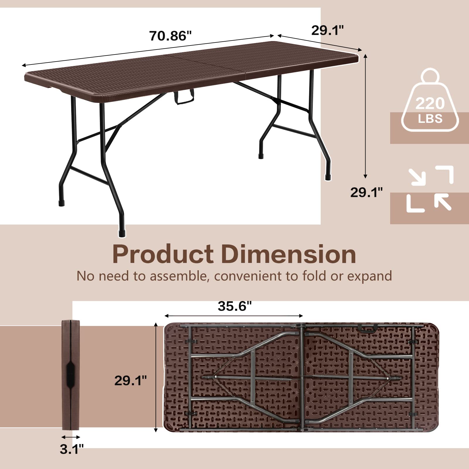Todeco 6FT Heavy Duty Folding Table - Imitated Rattan Portable Indoor Outdoor Picnic Party Dining Camping Table with Handle, Brown - Perfect for Backyard BBQ, Beach Trips & Tailgating