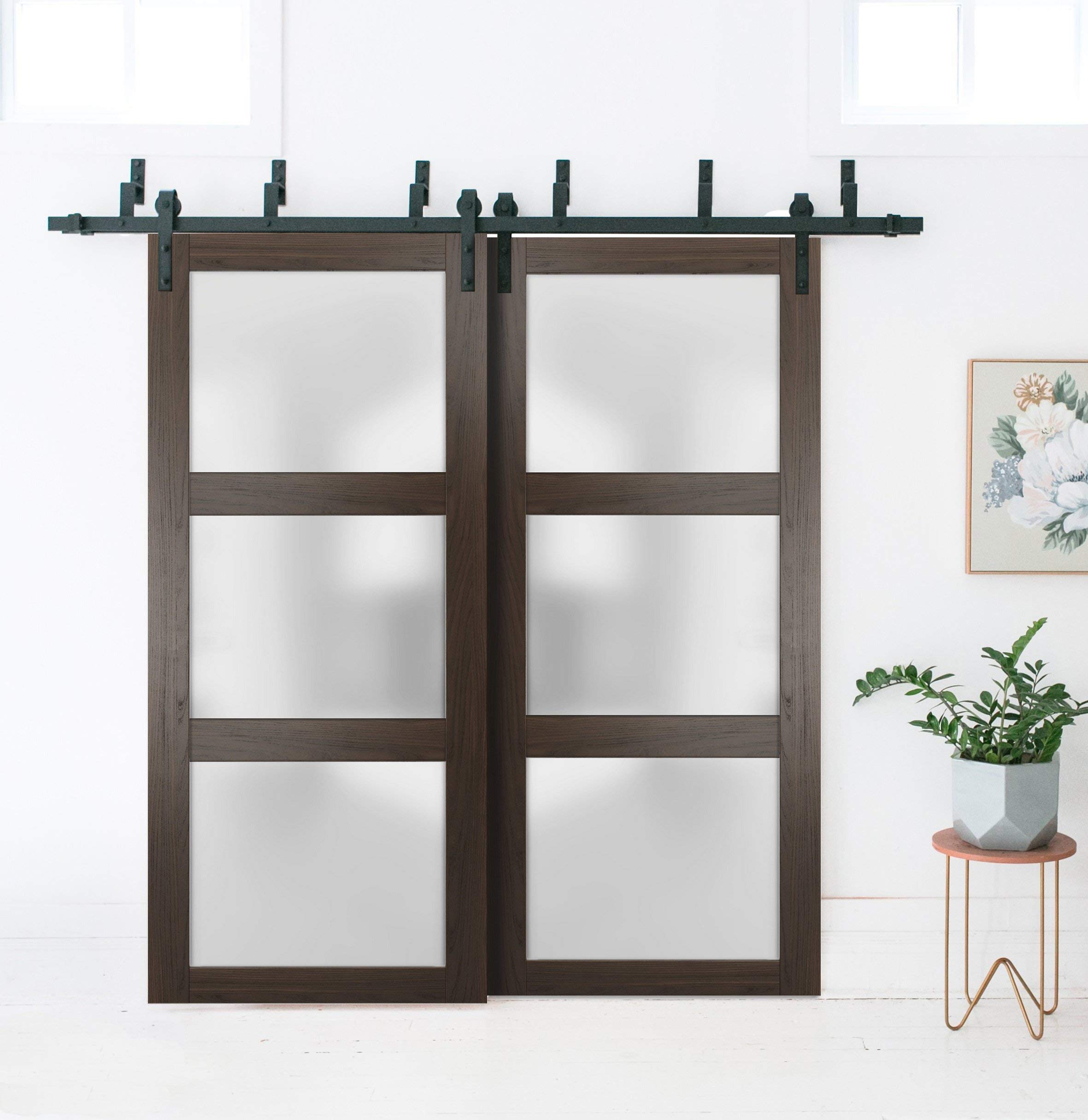 SARTODOORS 28x80 Inches Frosted Glass Slab Barn Door Panel - Lucia 2552 Chocolate Ash Finish | Solid Wood Construction | Perfect for Closet, Bedroom & Home Office Sliding Doors