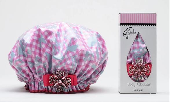 Dry Divas Designer Shower Cap For Women - Washable & Reusable Large Bouffant Bath Cap with Vintage Jeweled Brooch (Glorious Gingham) | Waterproof Hair Protection for Showering, Bathing & Spa Days